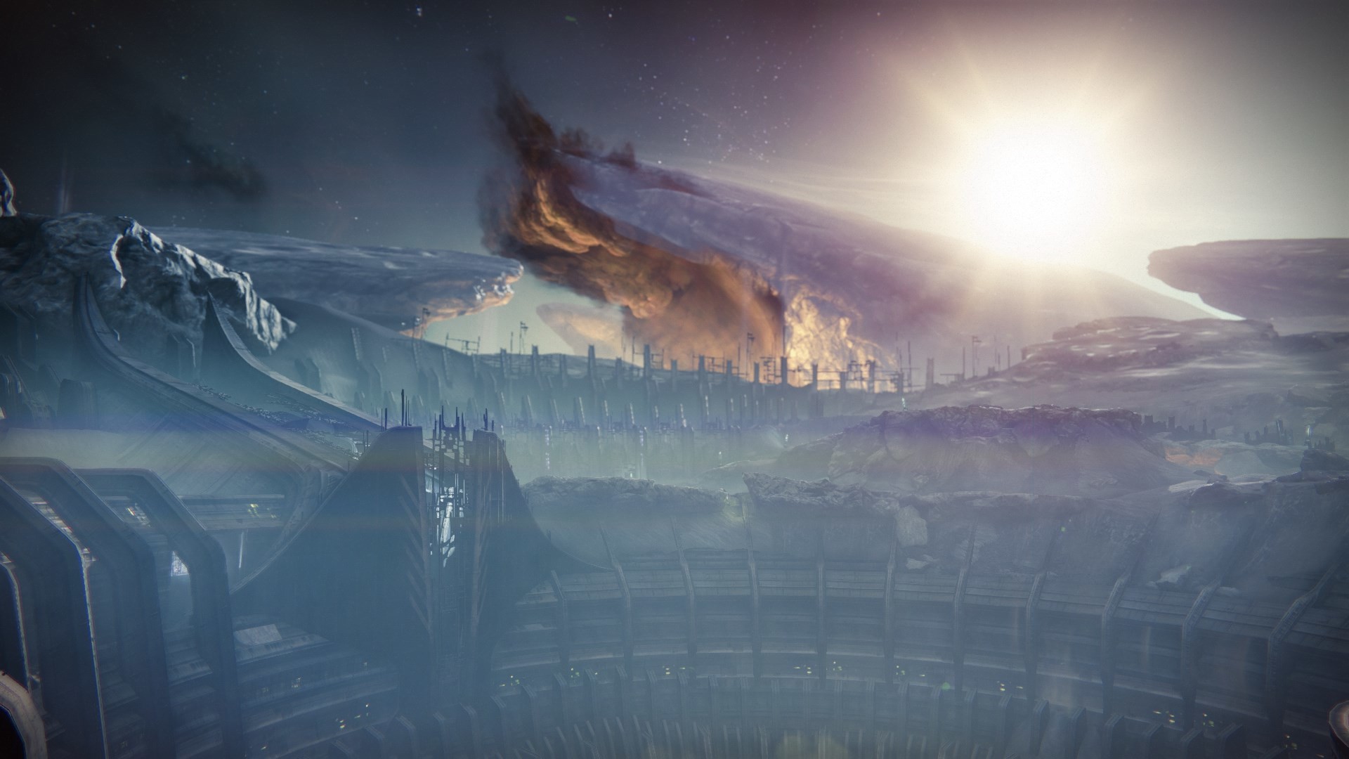 Destiny, Città, Esplosione, Sole, Concept art, Full HD, sfondo per PC e portatile
