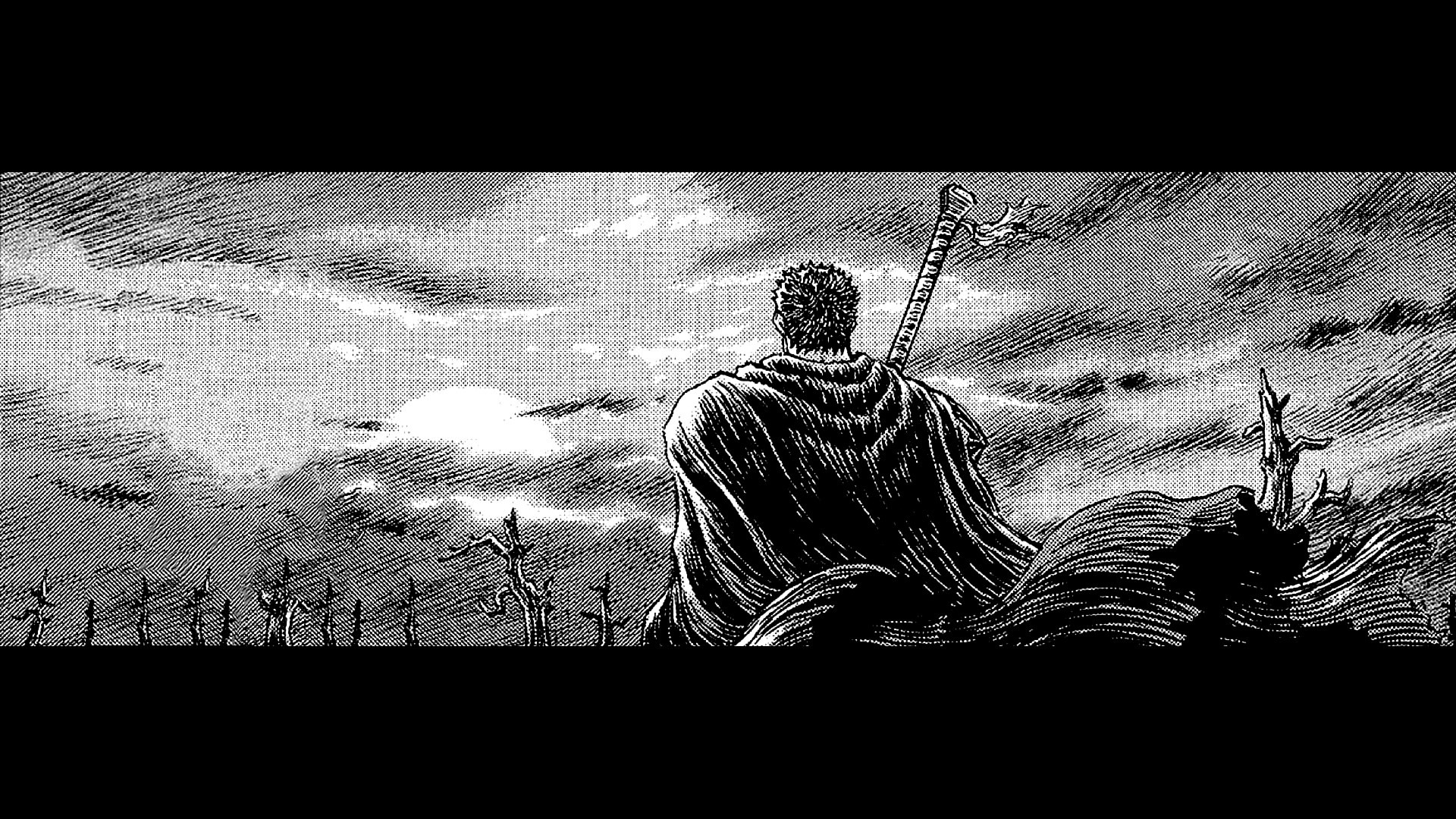 Gatsu, Berserk, Manga, Tramonto, Bianco e nero, Full HD, sfondo per PC