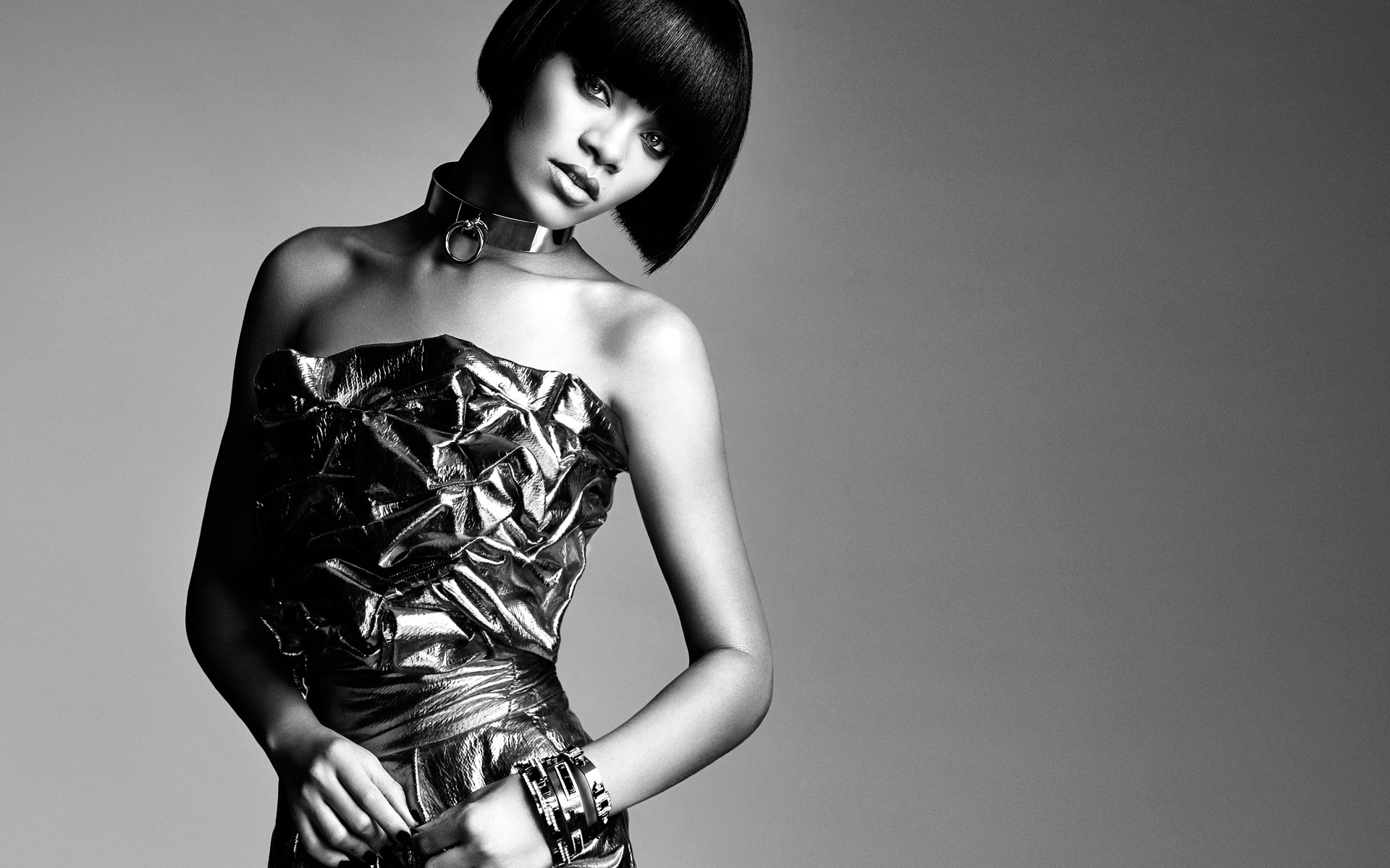 Rihanna, Bianco e nero, Caschetto, Abito metallizzato, 1920x1200, sfondo MacBook Pro