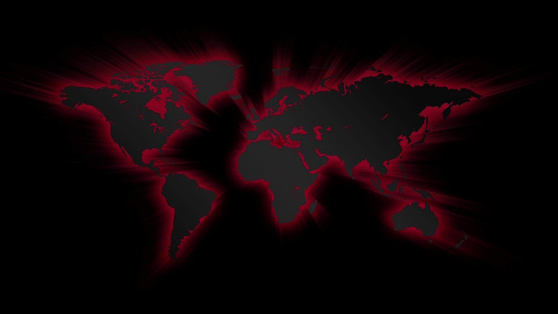 Mappa del mondo, Contorni rossi, Sfondo nero, 16:9 Full HD, wallpaper widescreen