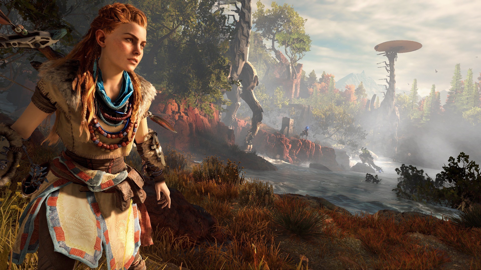 Aloy, Horizon Zero Dawn, Tallneck, Fiume, 1920x1080, sfondo per PC
