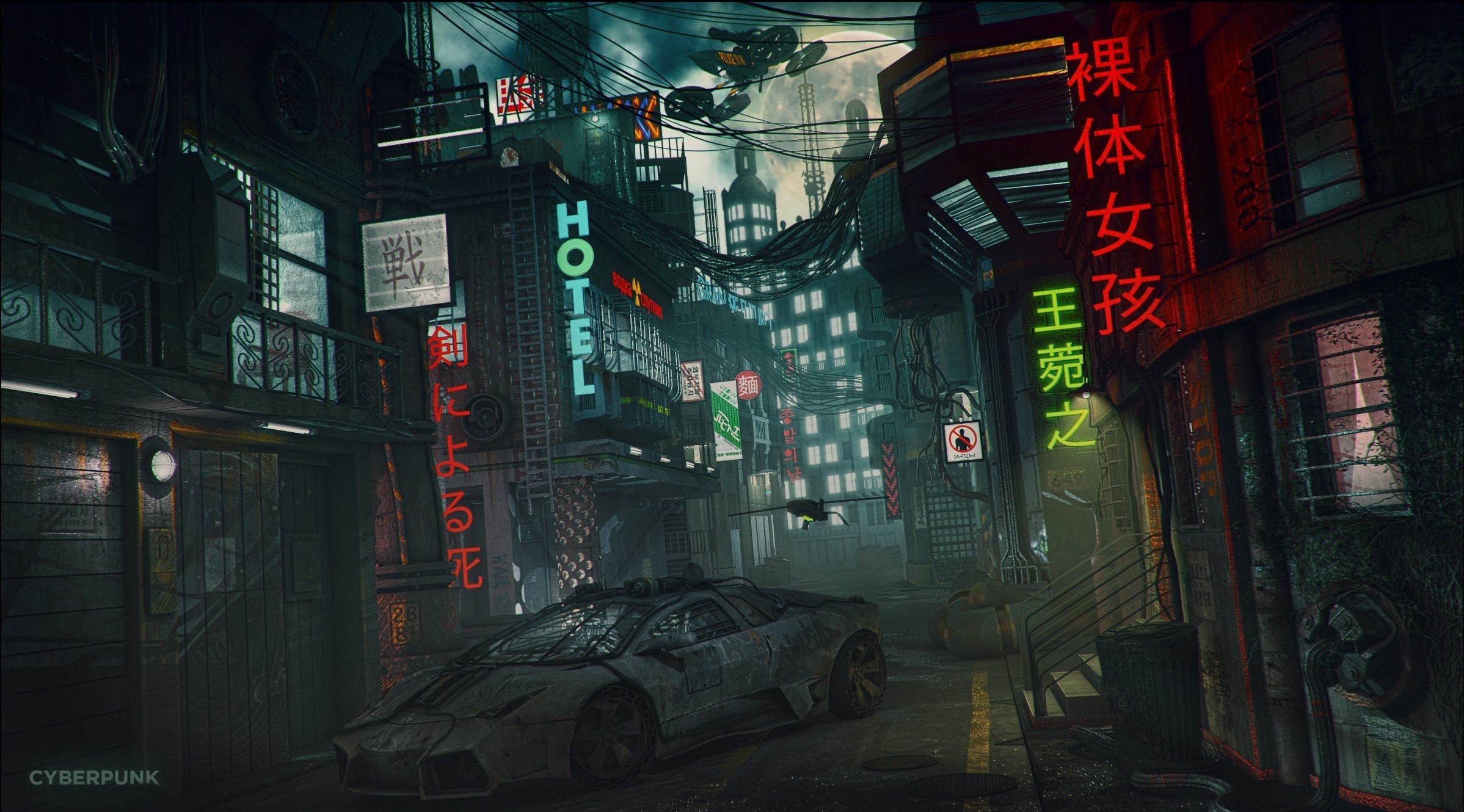 Vicolo cyberpunk, Insegne al neon, Auto futuristica, Notte, Città futuristica, sfondo per PC