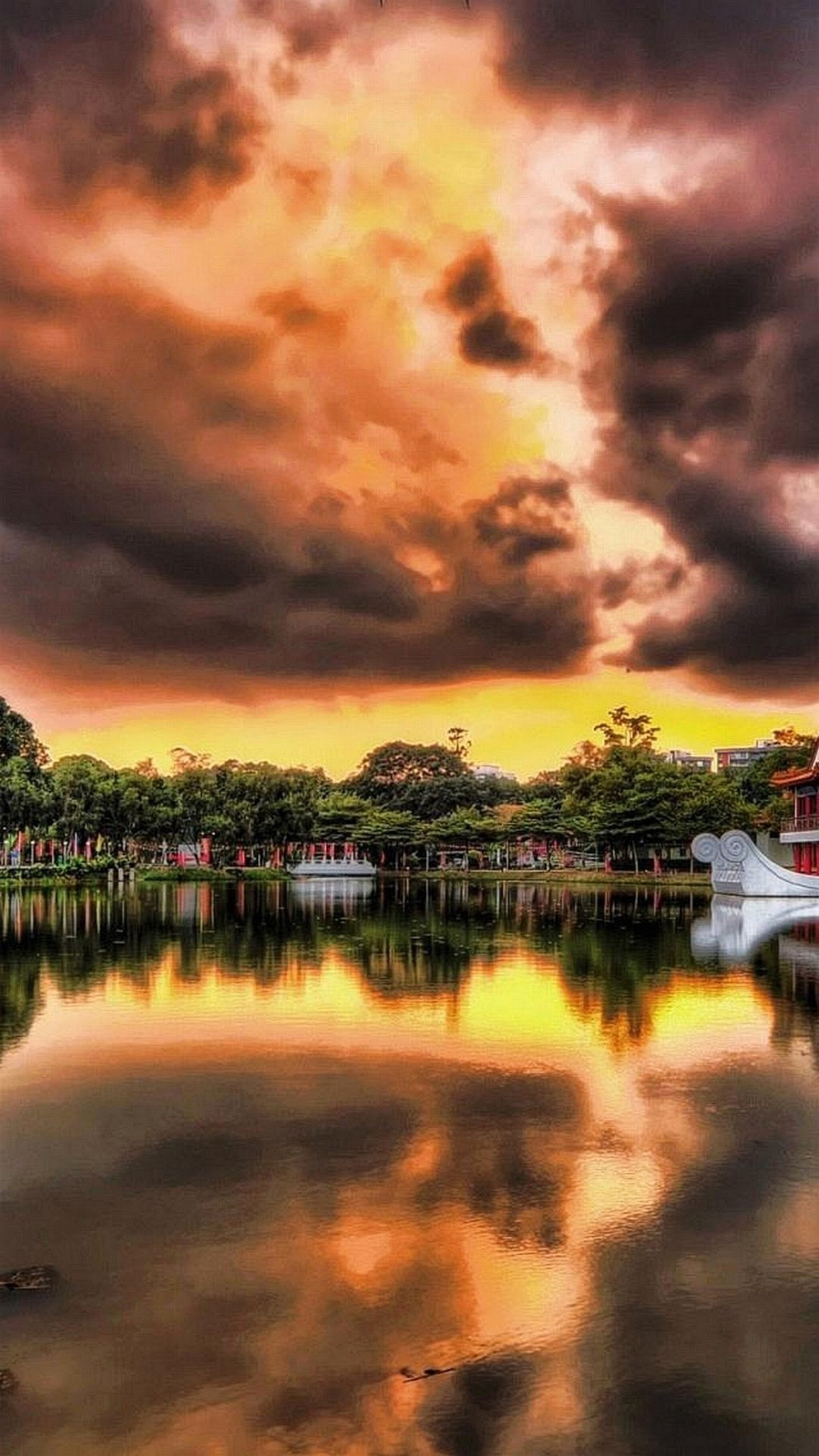Lago, Tramonto, Nuvole, Riflesso, HDR, QHD+, sfondo per iPhone e Android