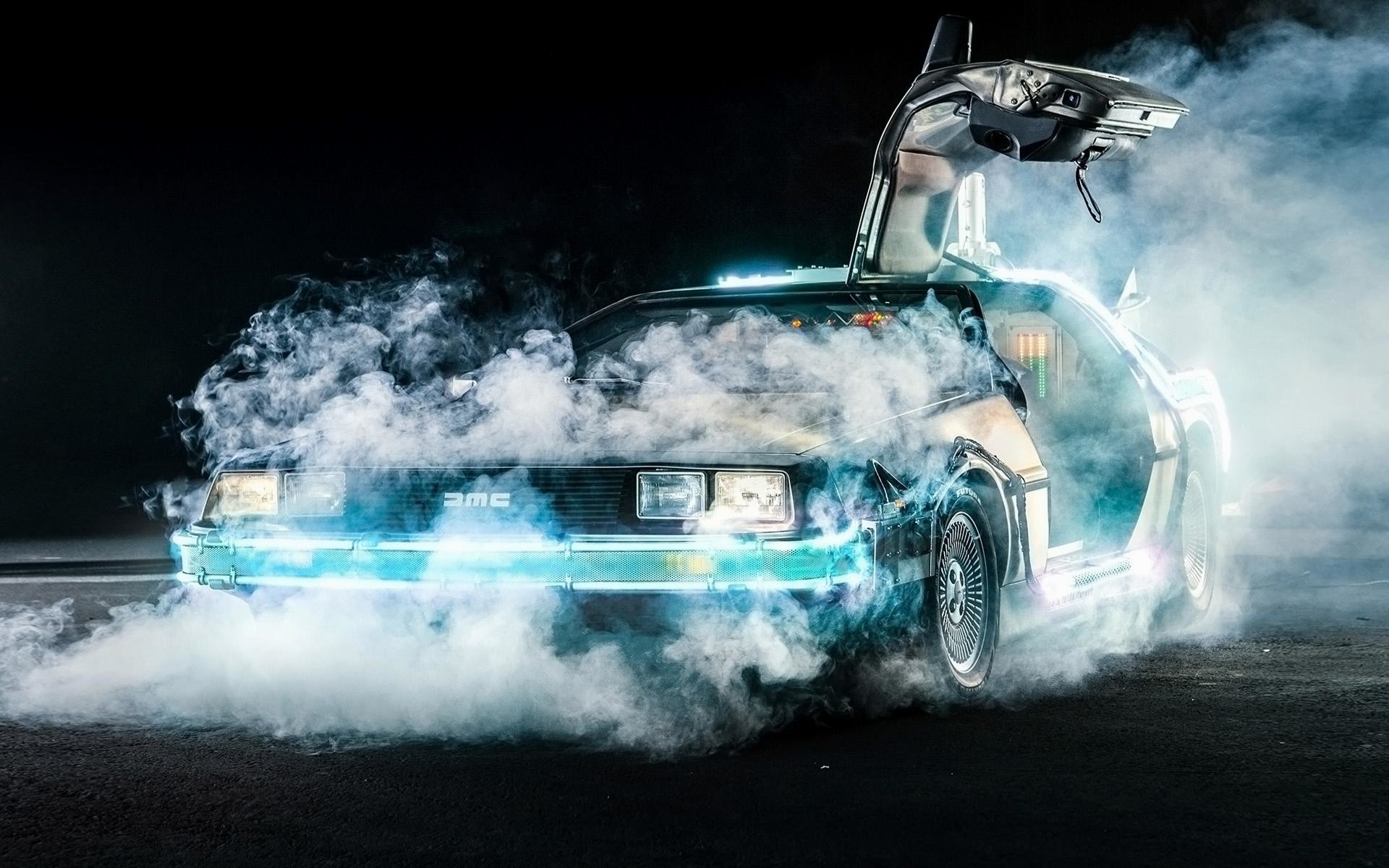 DeLorean DMC-12, Ritorno al futuro, Fumo, Luci blu, Full HD, sfondo desktop