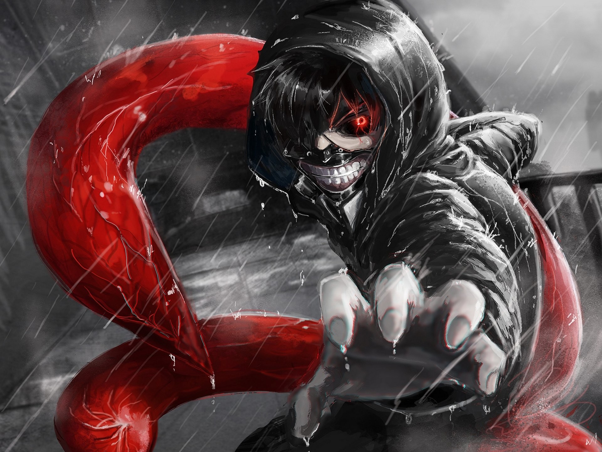 Ken Kaneki, Tokyo Ghoul, Kagune, Pioggia, Occhio rosso, Full HD, schermata di blocco iPad
