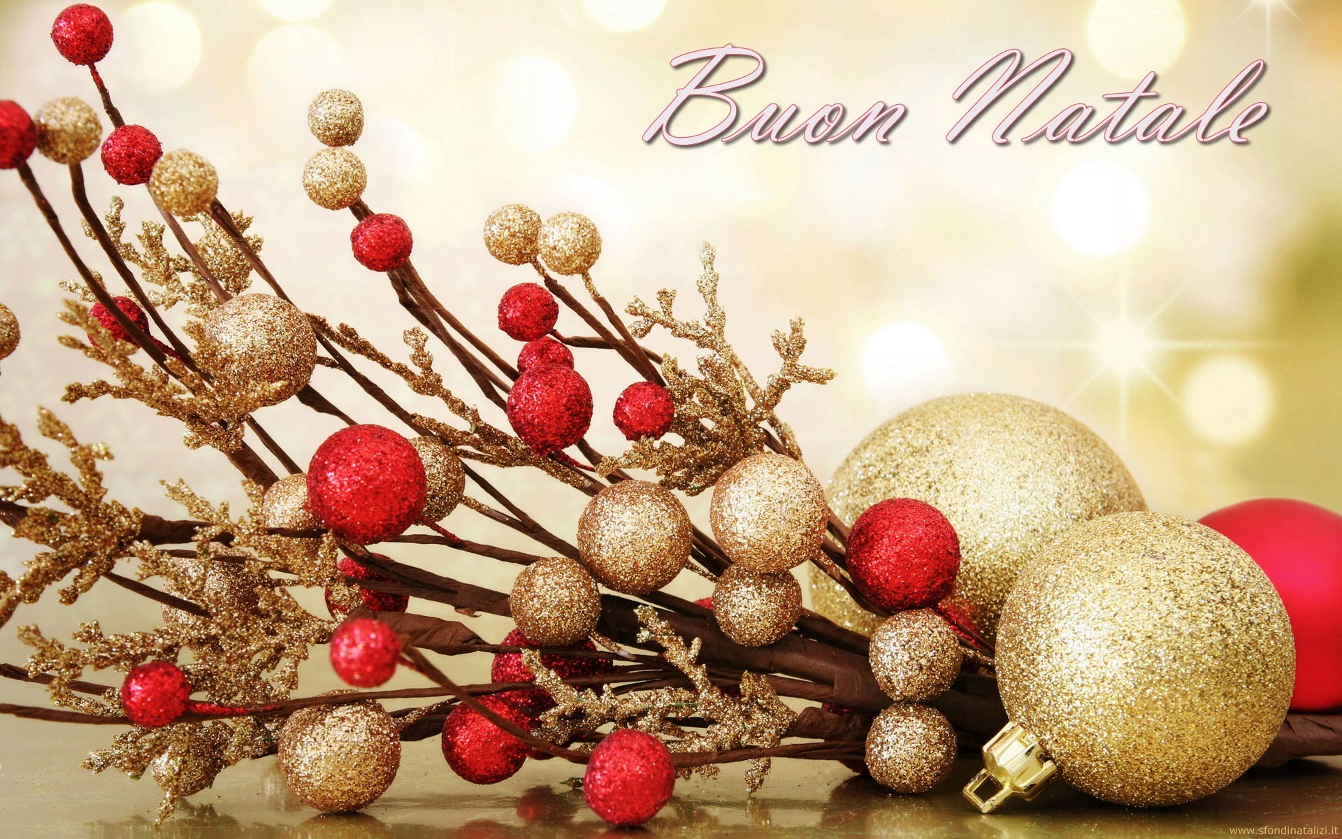Buon Natale, Palline dorate, Bacche rosse, Decorazioni, sfondo per desktop
