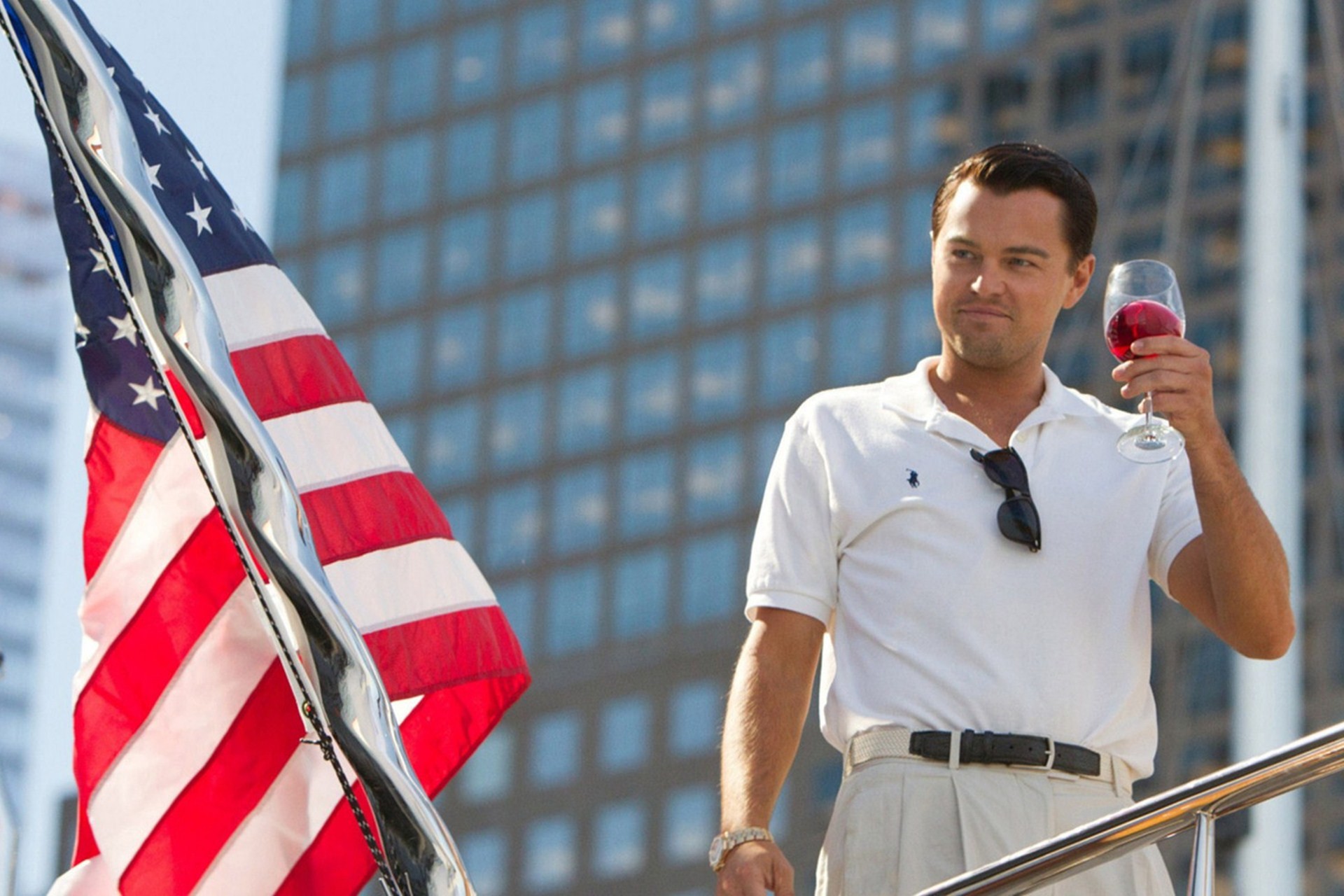 Leonardo DiCaprio, Jordan Belfort, The Wolf of Wall Street, Bandiera americana, Brindisi, wallpaper Full HD