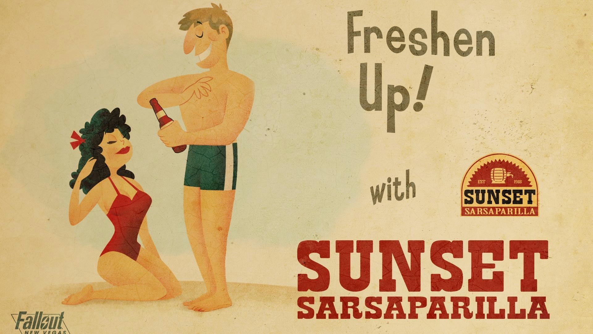 Sunset Sarsaparilla, Fallout: New Vegas, Poster retro, Pubblicità, sfondo desktop 1080p