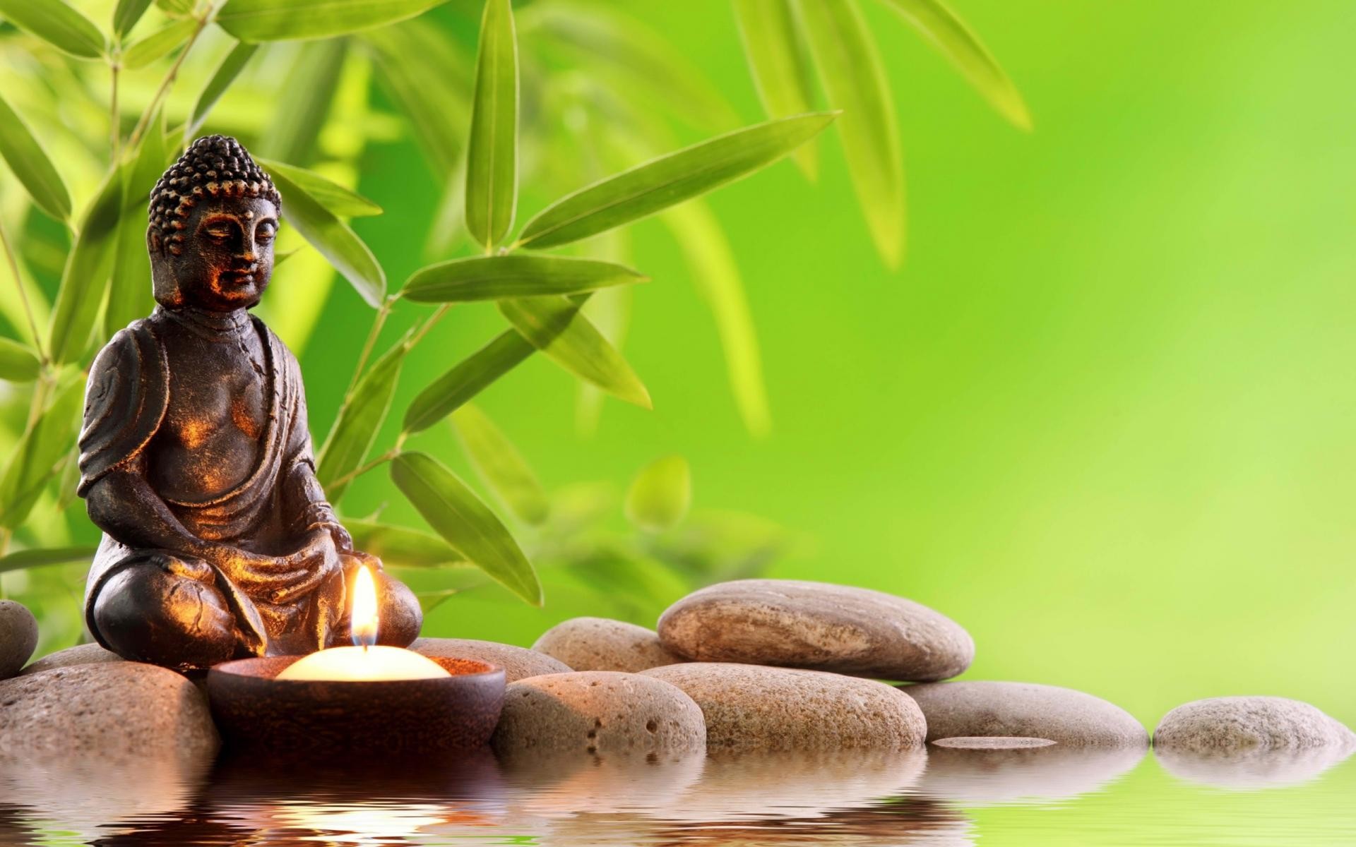 Statua del Buddha, Bambù, Pietre zen, Candela, Verde, 1920x1200, sfondo MacBook Pro