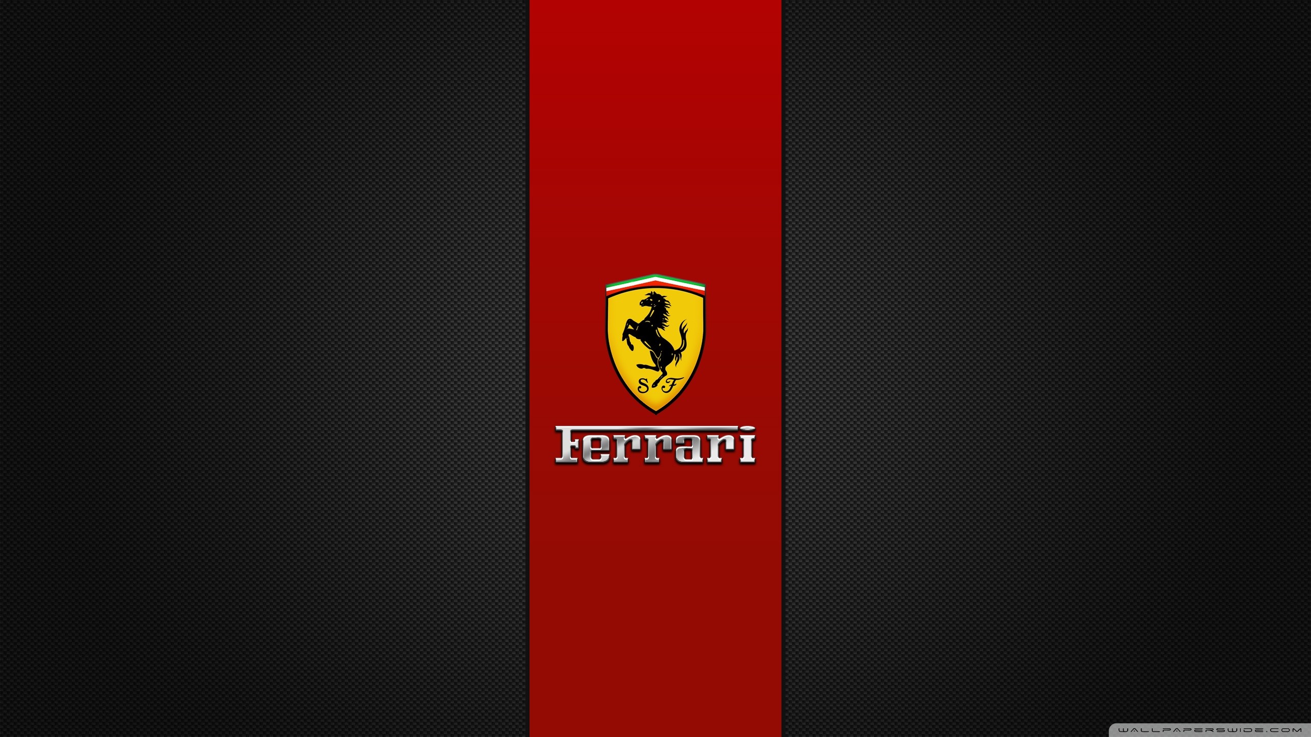 Logo Ferrari, Cavallino rampante, Fibra di carbonio, Striscia rossa, sfondo desktop 2560x1440