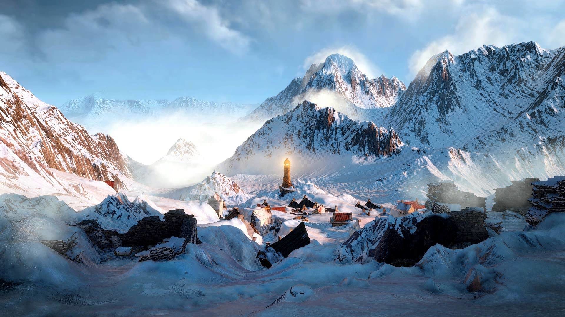 Skellige, The Witcher 3: Wild Hunt, Montagne innevate, Villaggio, sfondo desktop 1920x1080