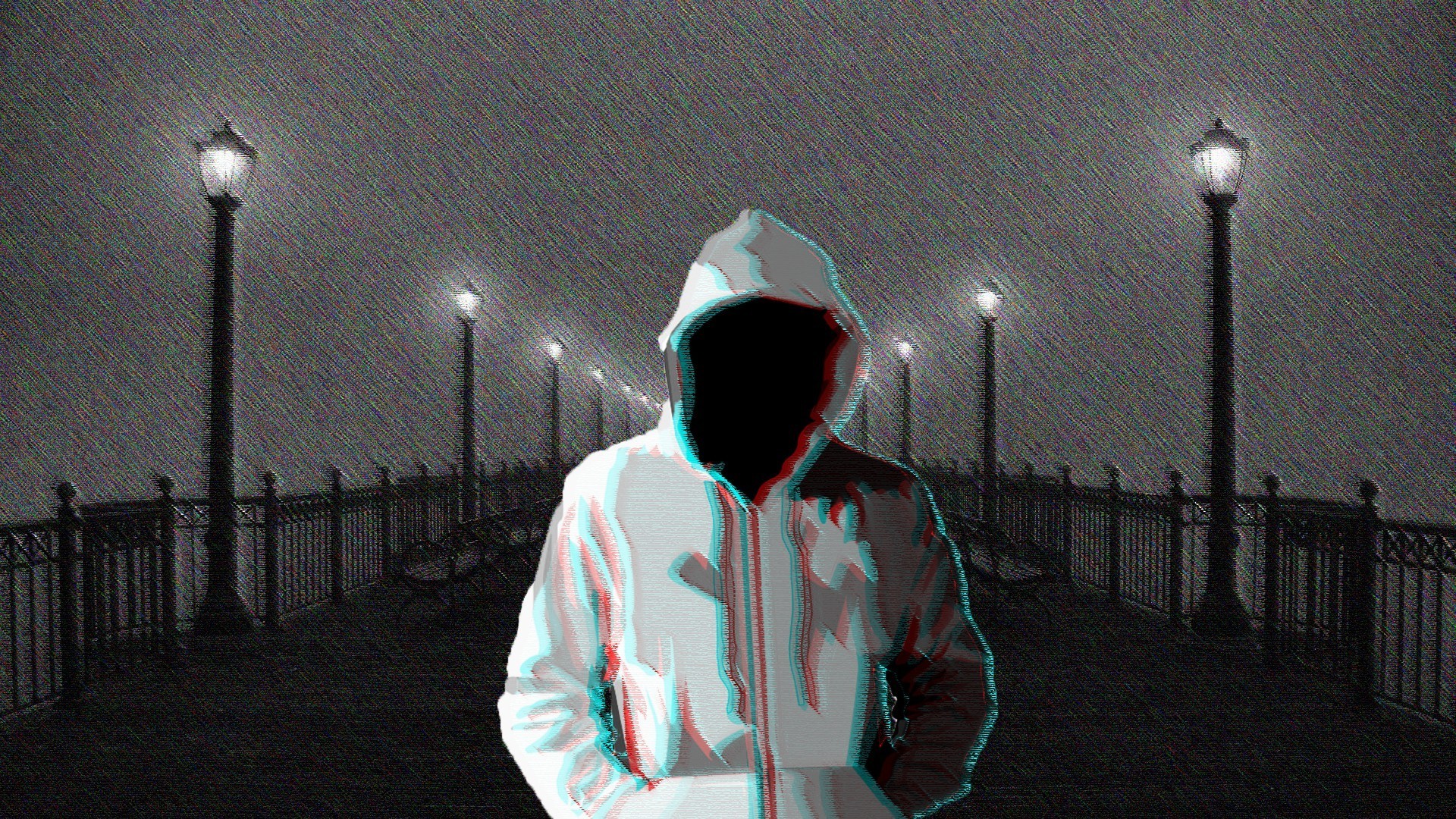 Figura incappucciata, Senza volto, Lampioni, Pontile, Nebbia, Full HD 1080p, sfondo desktop