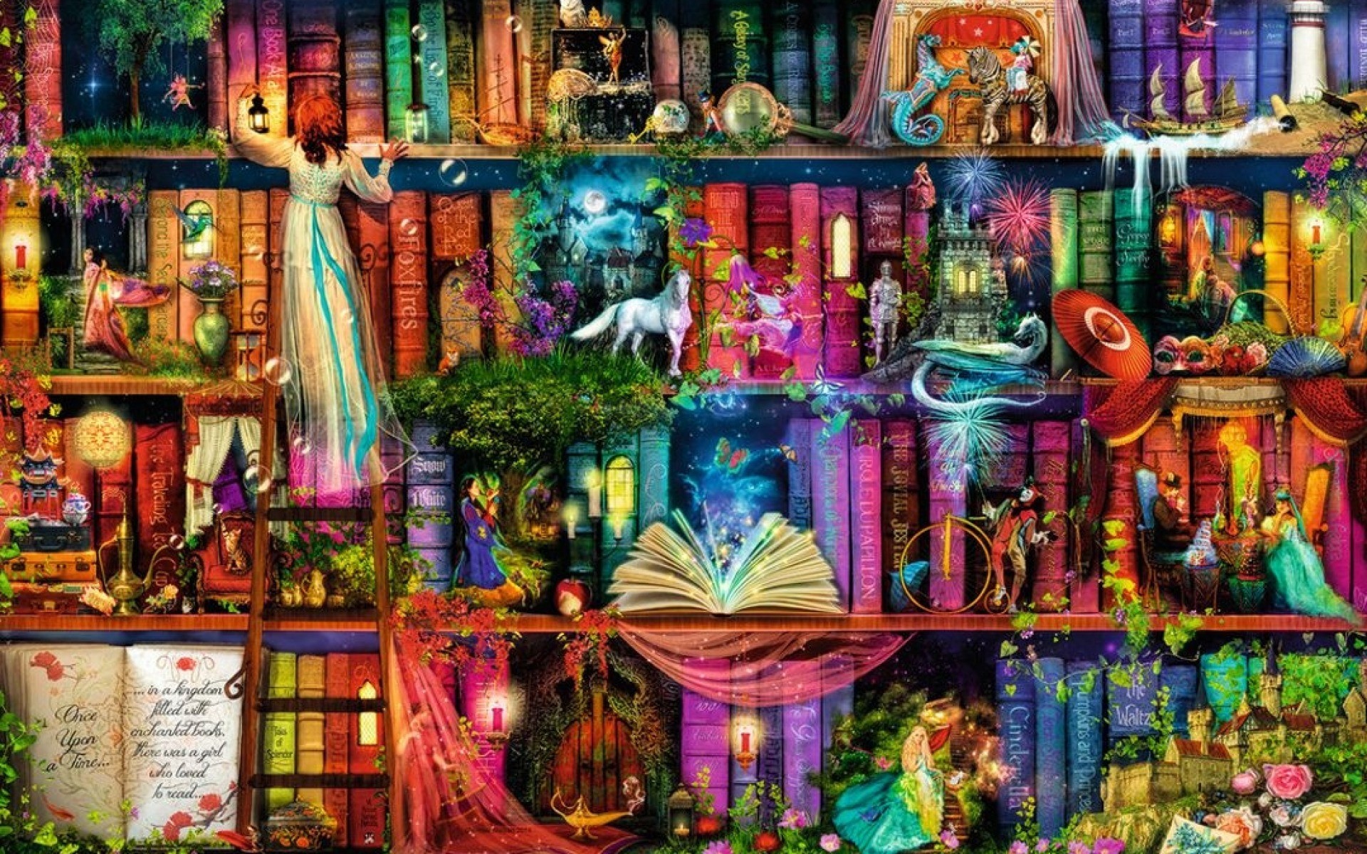 Libreria fantasy, Aimee Stewart, Illustrazione, Colori vivaci, 16:10 Full HD, sfondo widescreen