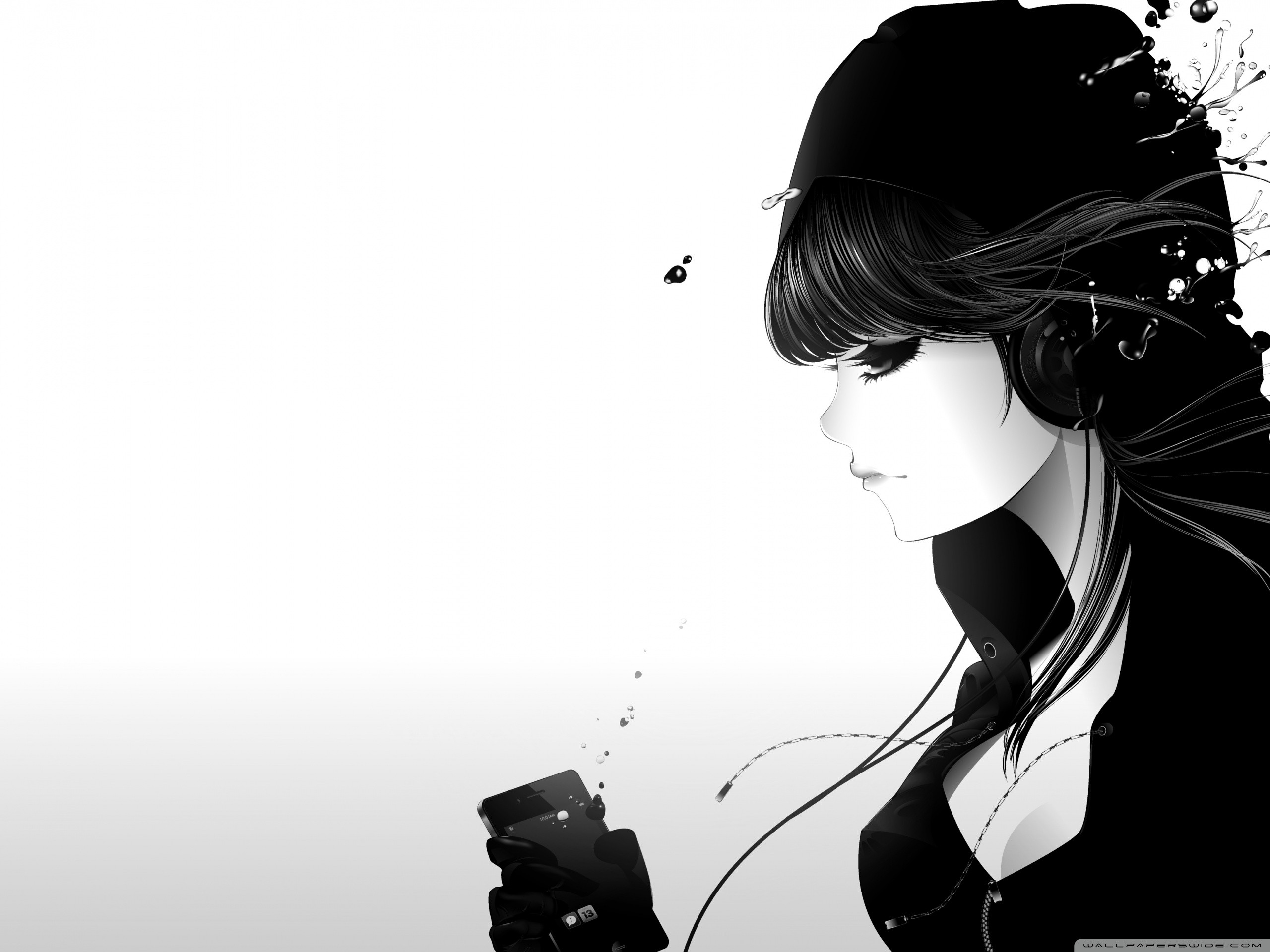 Ragazza con cuffie, Lettore musicale, Bianco e nero, Illustrazione, schermata Home iPad