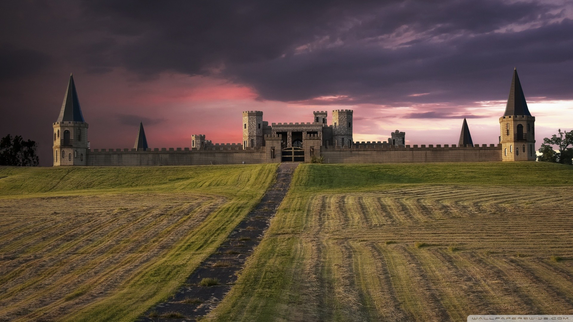 Castello, Torri, Campo, Tramonto, Mura, 1920x1080, sfondo per PC