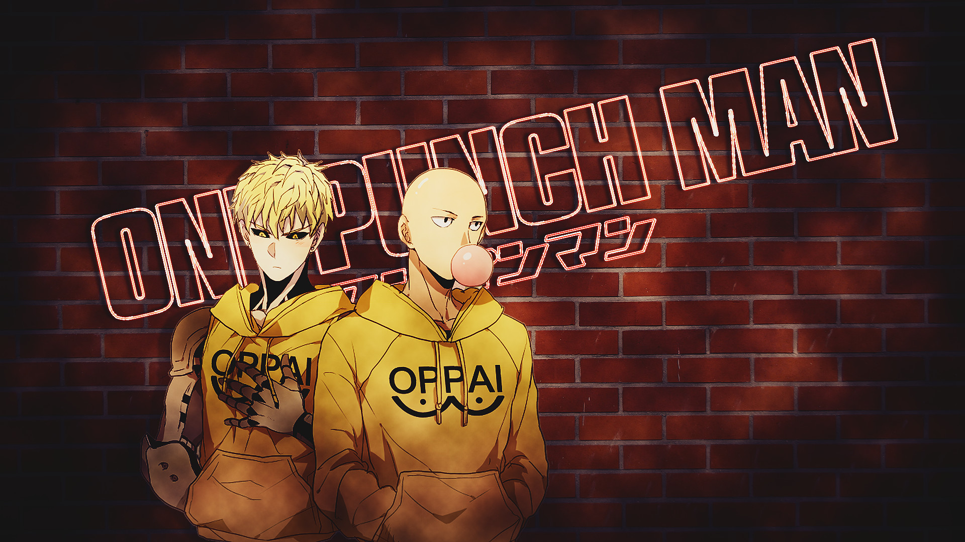 Saitama, Genos, One Punch Man, Felpa Oppai, Muro di mattoni, Full HD, sfondo per portatile