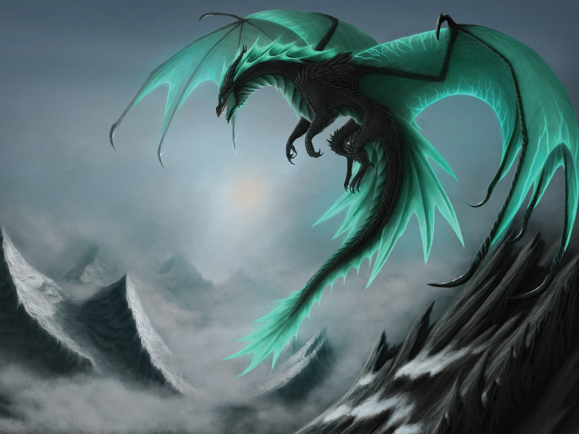 Drago verde, Volo, Montagne innevate, Full HD, sfondo per iPad e tablet