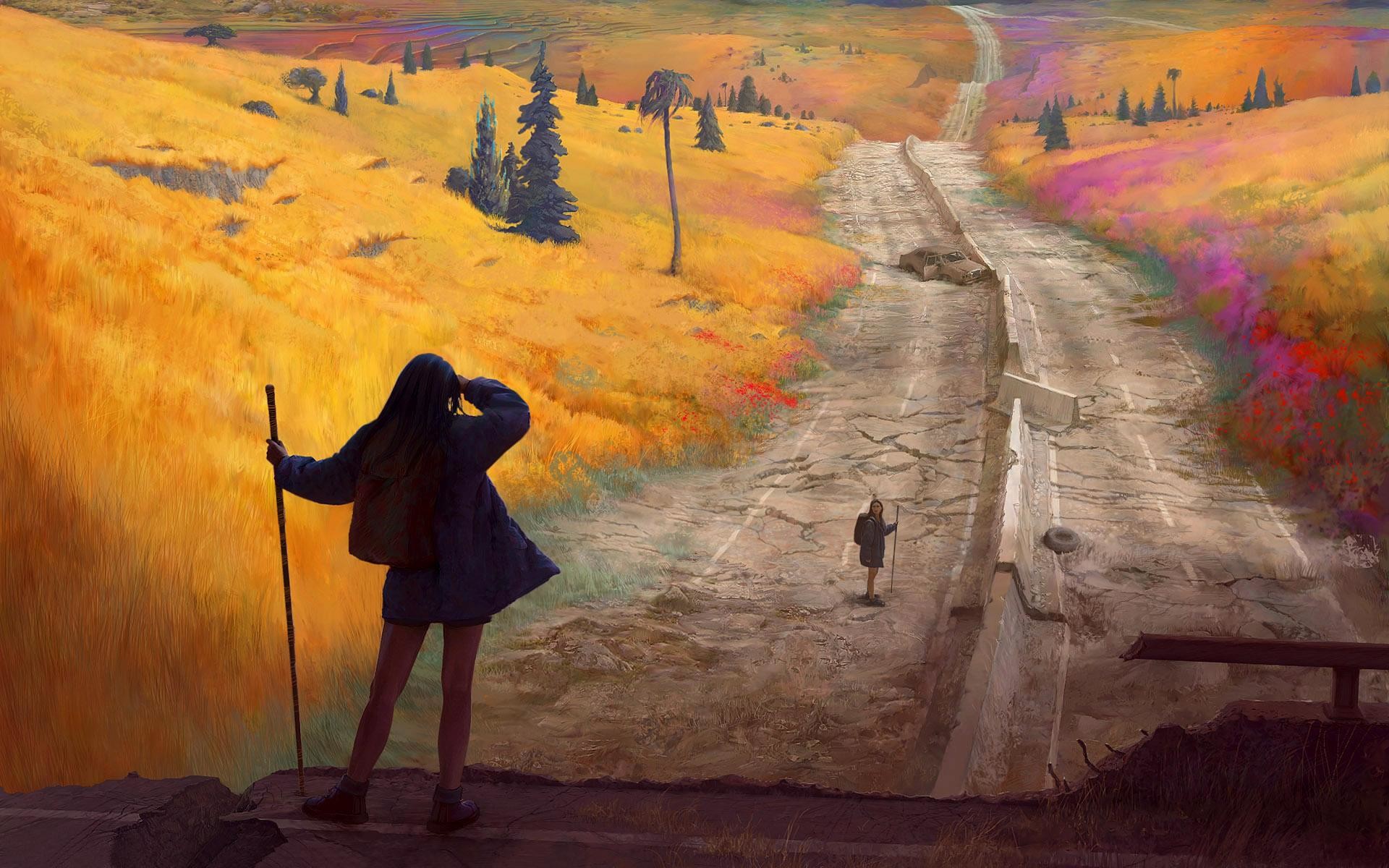 Viandante, Strada di campagna, Campi dorati, Pittura digitale, Full HD, sfondo per portatile
