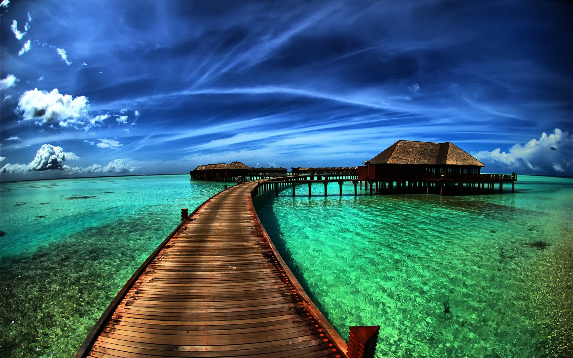Maldive, Pontile, Bungalow sull'acqua, Laguna, HDR, Full HD, sfondo desktop