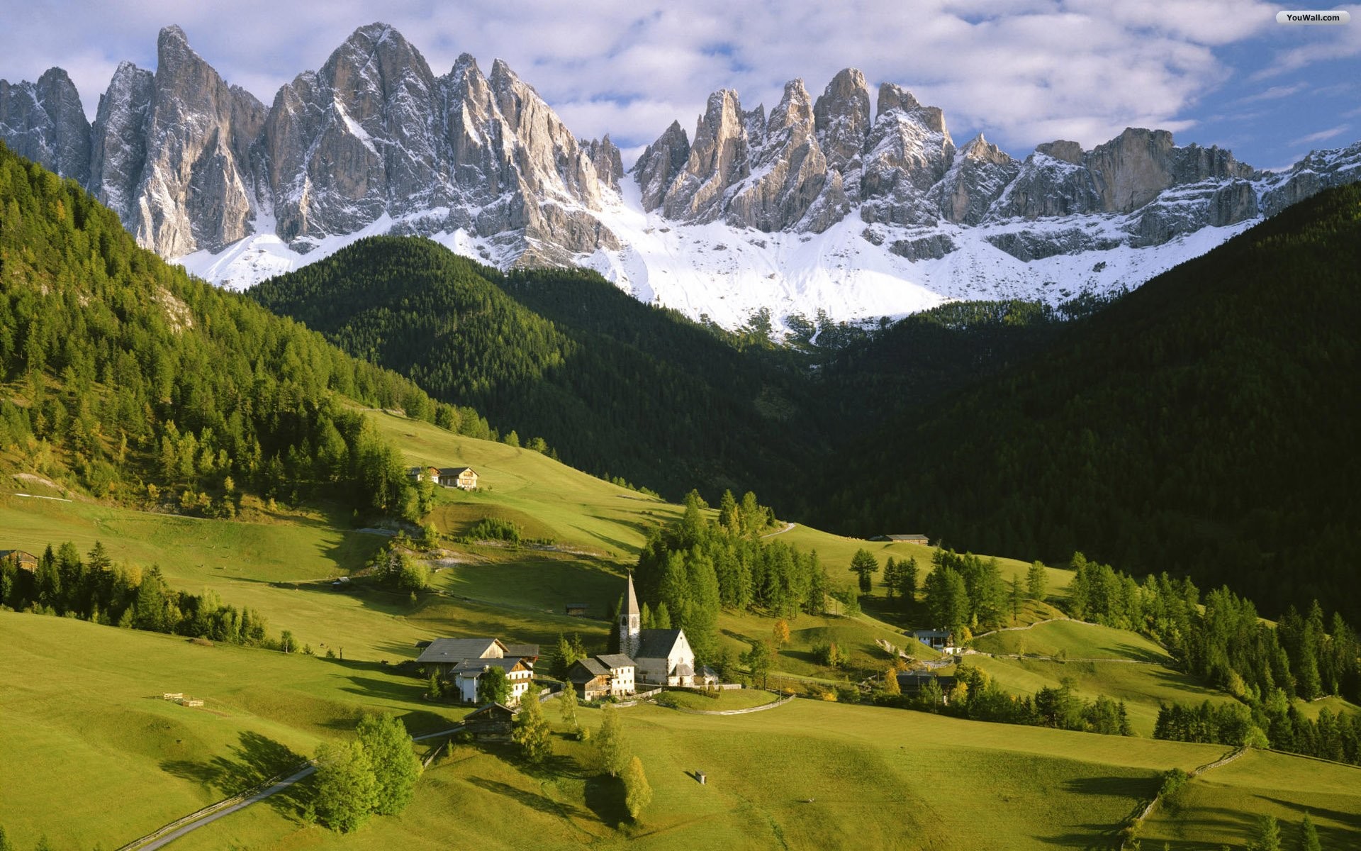 Val di Funes, Dolomiti, Odle, Italia, Chiesa, Prati, Full HD, wallpaper desktop