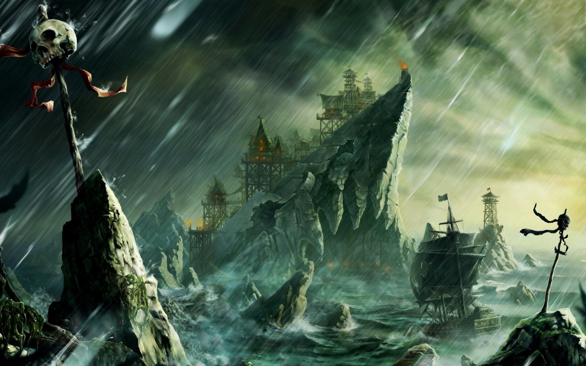 Isola dei pirati, Tempesta, Nave pirata, Fantasy, Scheletro, Full HD, sfondo per portatile