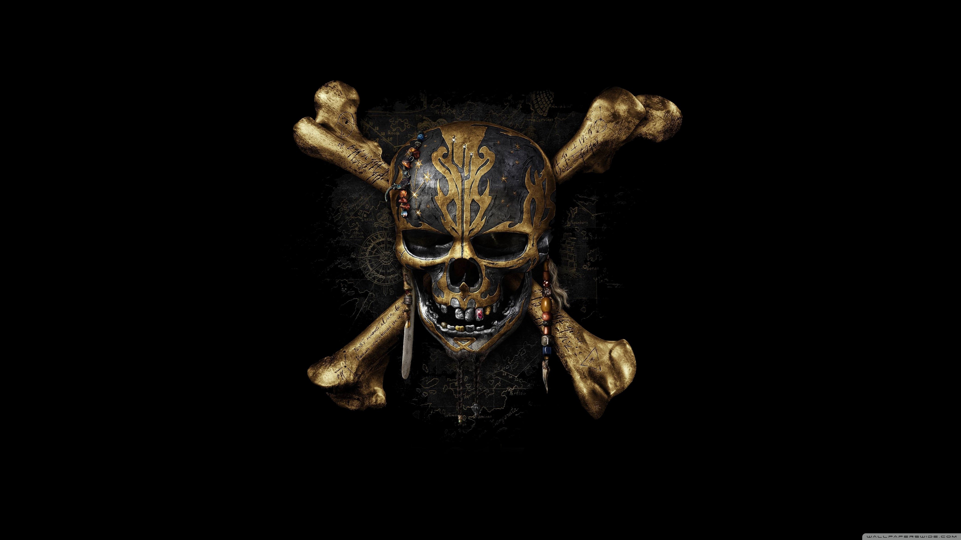 Pirati dei Caraibi: La vendetta di Salazar, Teschio, Tibie incrociate, Sfondo nero, 4K UHD