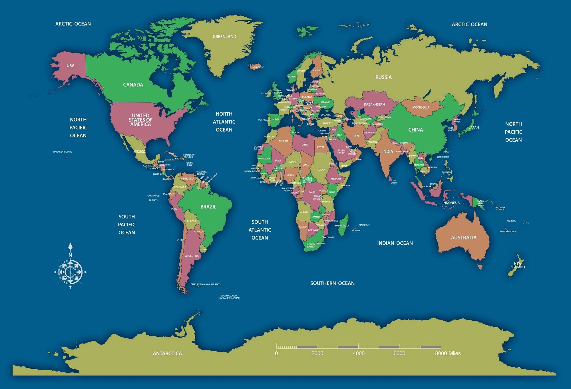 Mappa politica, Planisfero, Rosa dei venti, Oceano blu, Full HD, sfondo per portatile