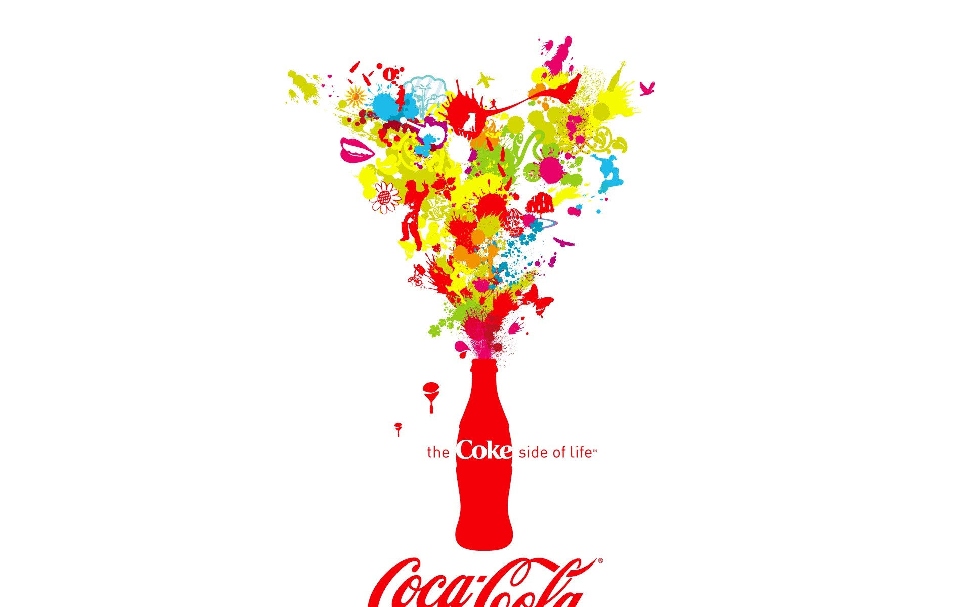 Coca-Cola, The Coke Side of Life, Bottiglia, Esplosione di colori, Sfondo bianco, wallpaper Full HD