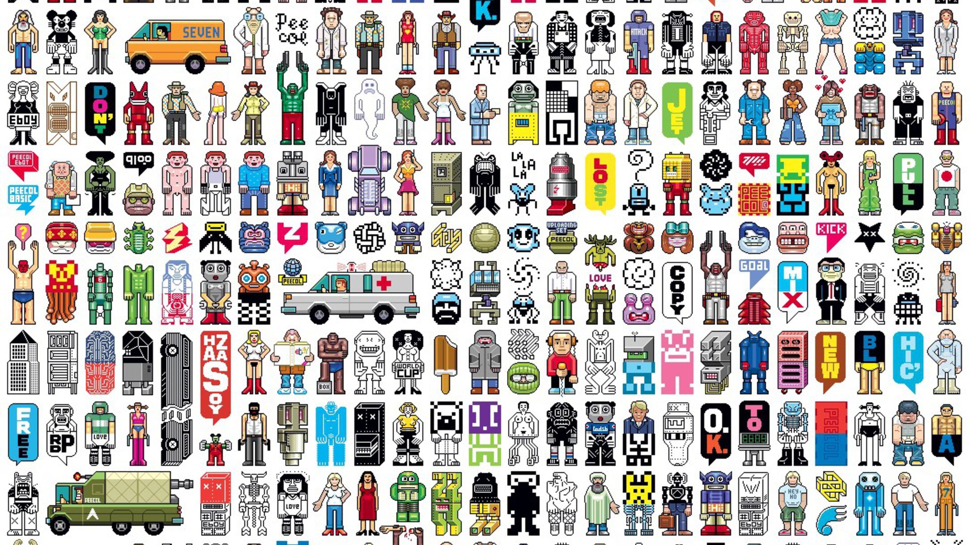 Pixel art, Personaggi, Icone, Sfondo bianco, Full HD, wallpaper desktop