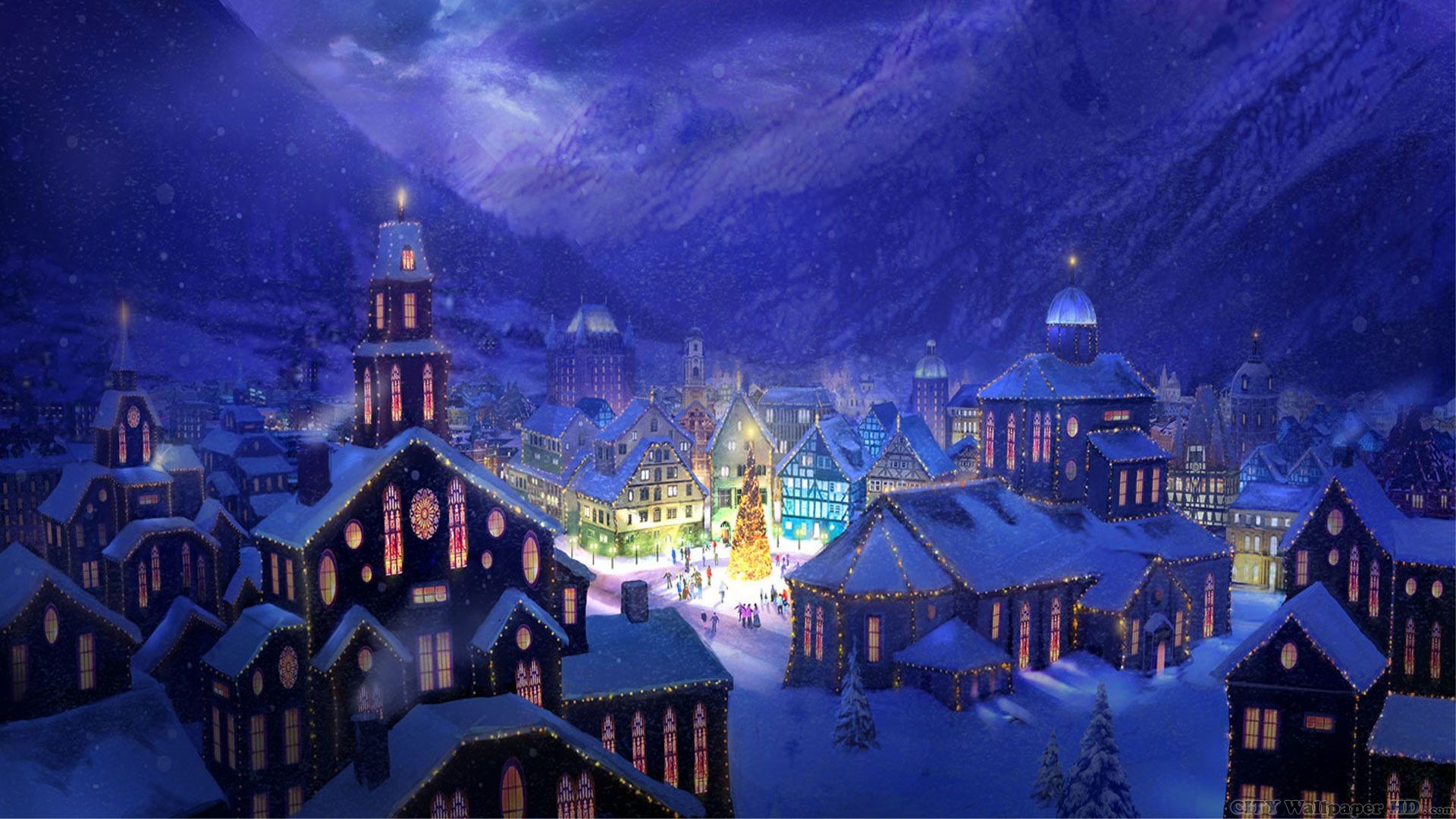 Villaggio innevato, Notte, Montagne, Illustrazione, Albero di Natale, sfondo Full HD per computer