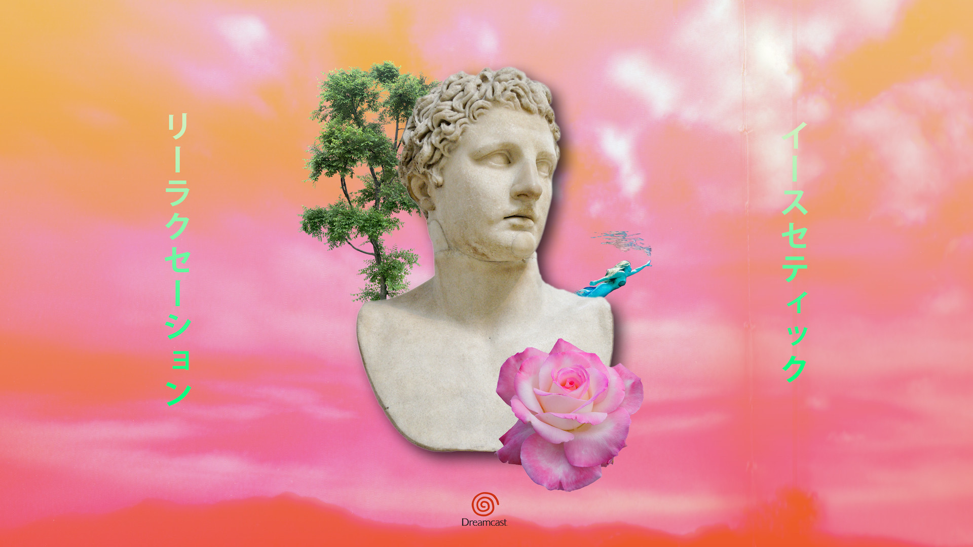Vaporwave, Busto classico, Rosa, Sega Dreamcast, Katakana, Cielo rosa, sfondo Windows 11