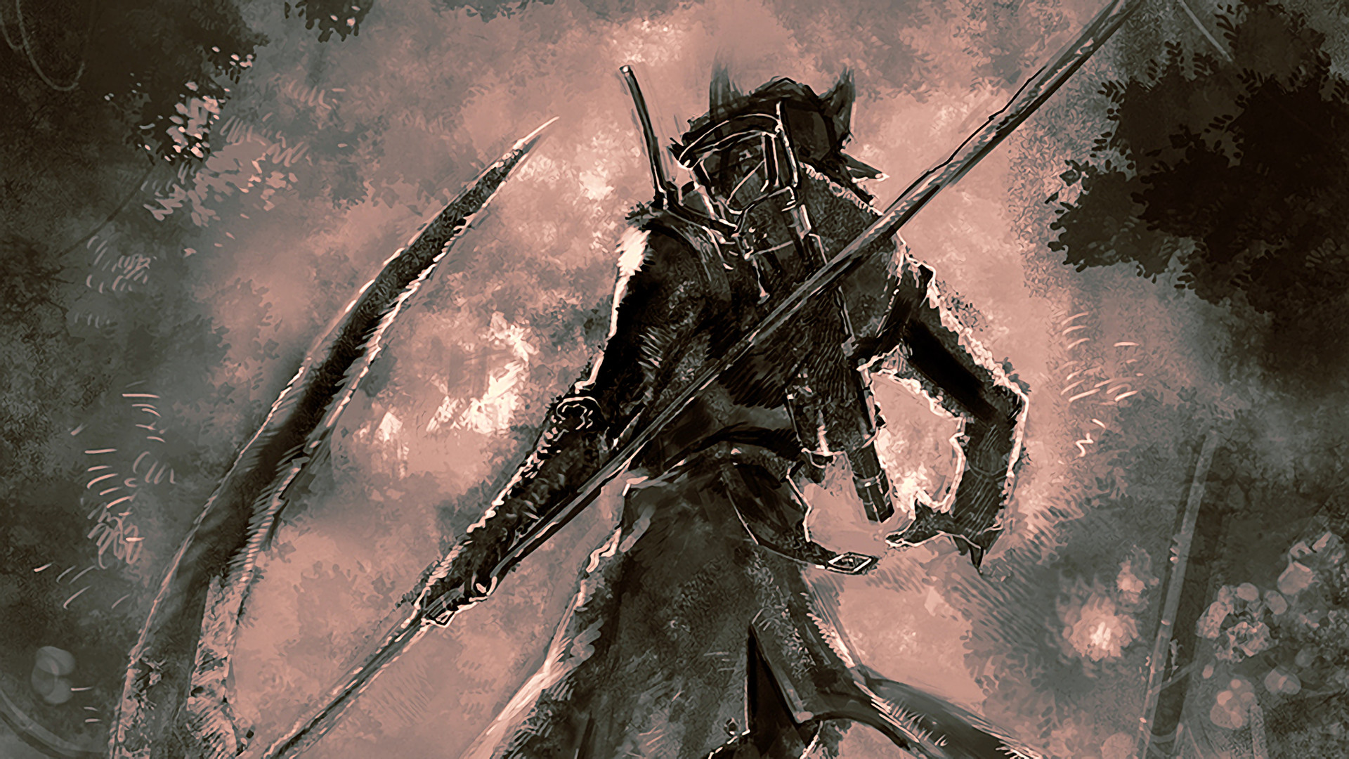 Cacciatore, Bloodborne, Pittura, Toni rosa, 1920x1080, sfondo per PC