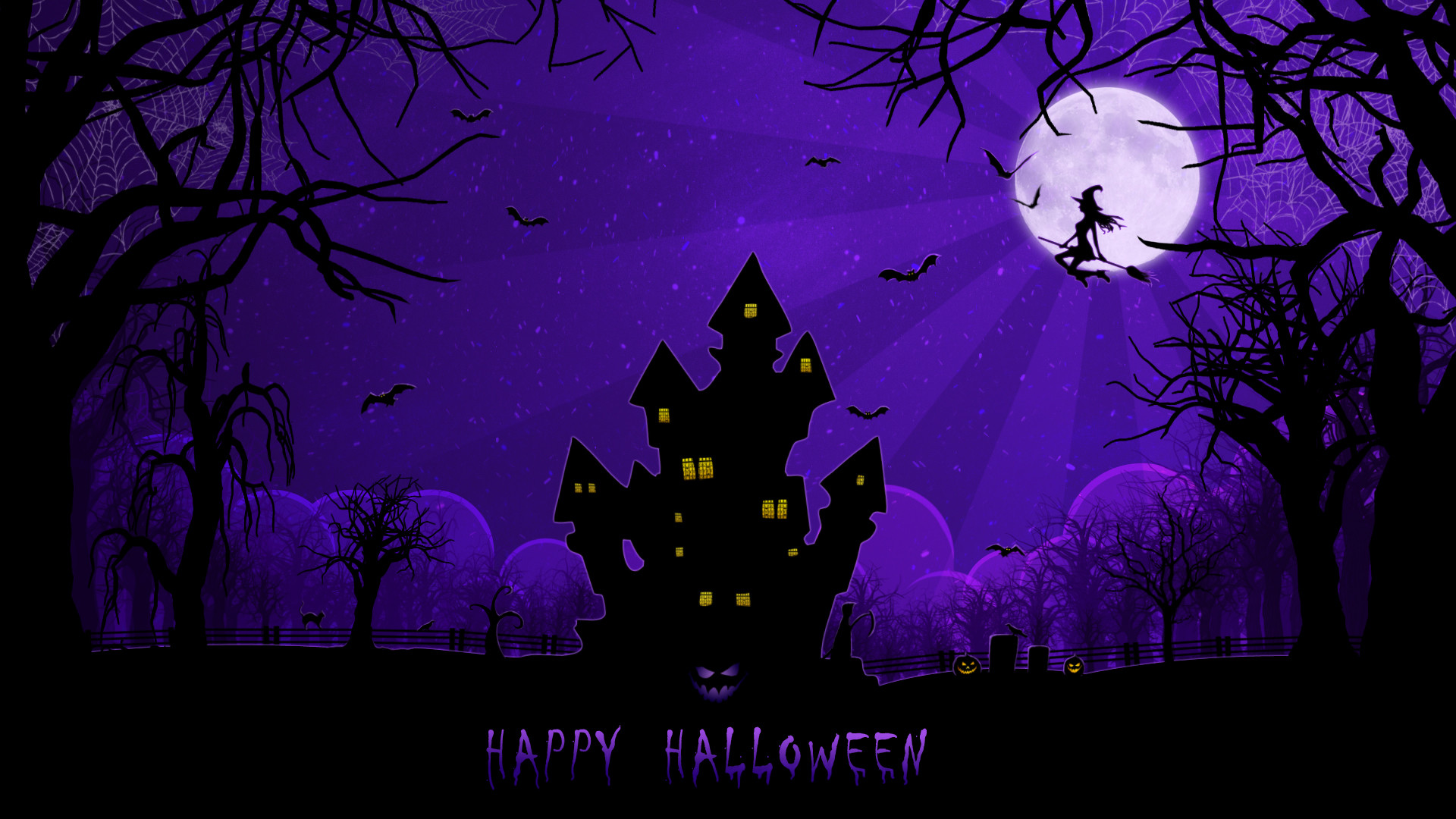Castello stregato, Strega su scopa, Luna piena, Happy Halloween, Viola, sfondo widescreen Full HD