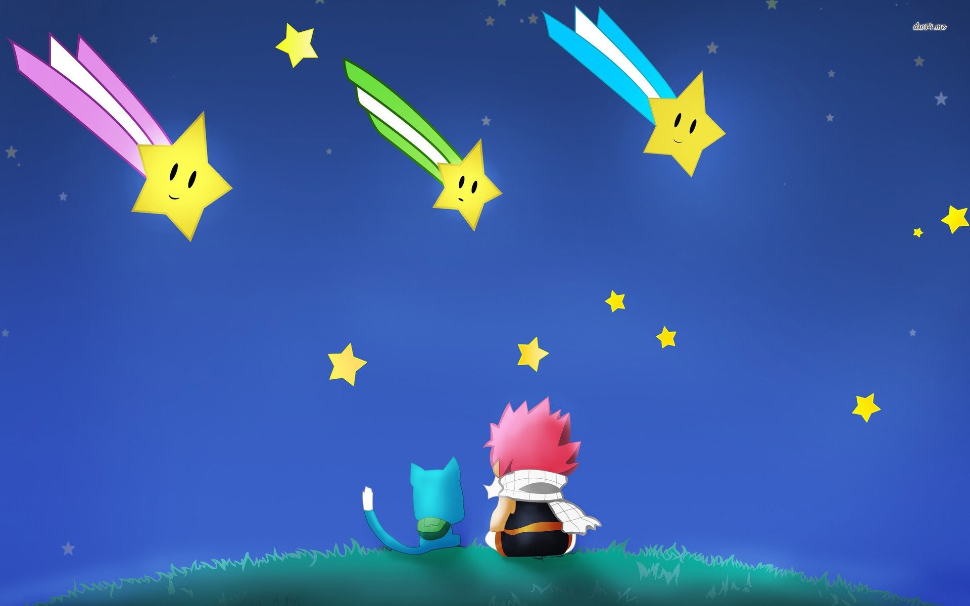 Natsu Dragneel, Happy, Fairy Tail, Stelle cadenti, Cielo notturno, sfondo MacBook Air