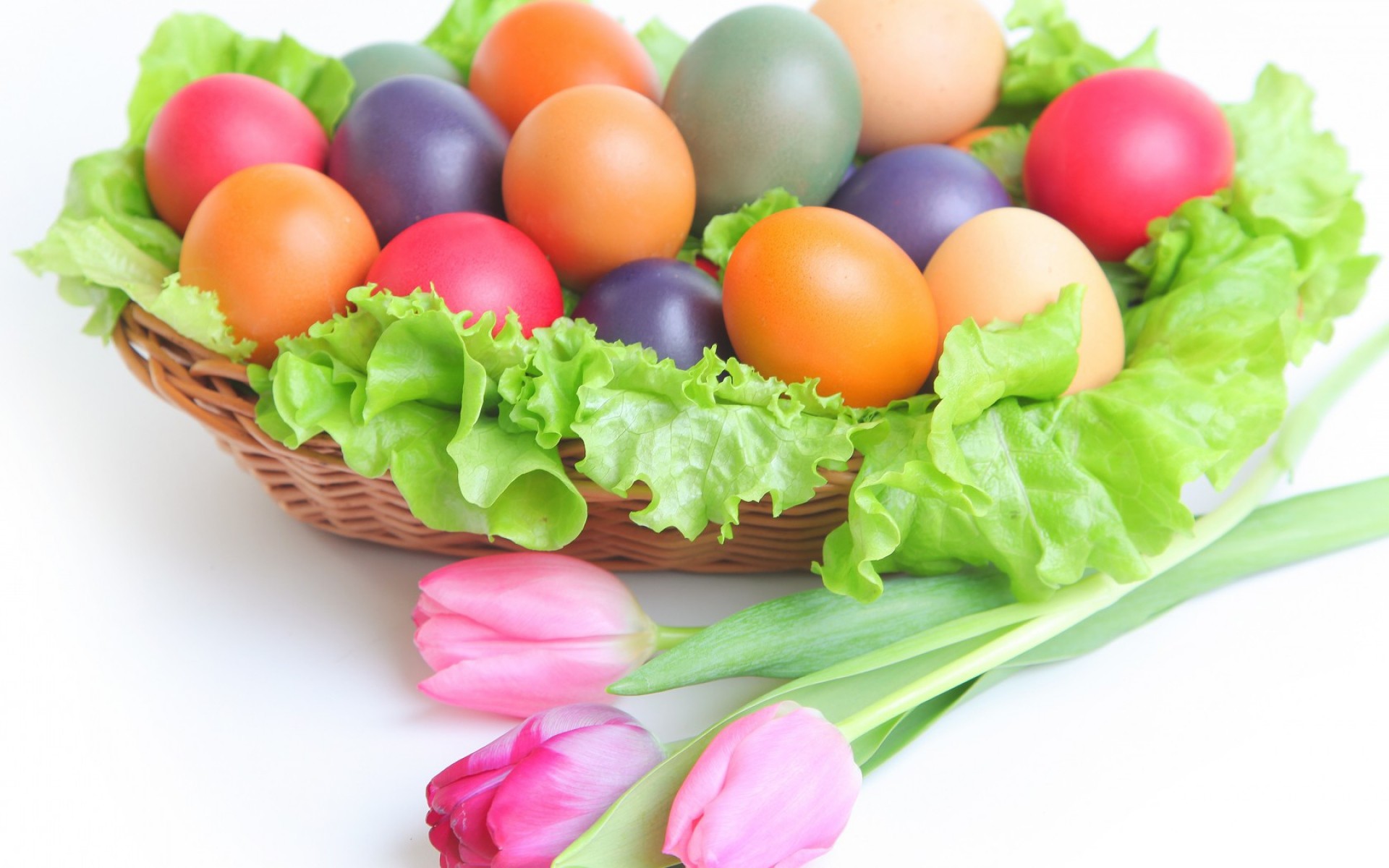 Uova di Pasqua, Cestino, Insalata, Tulipani rosa, 1920x1200, sfondo MacBook Pro