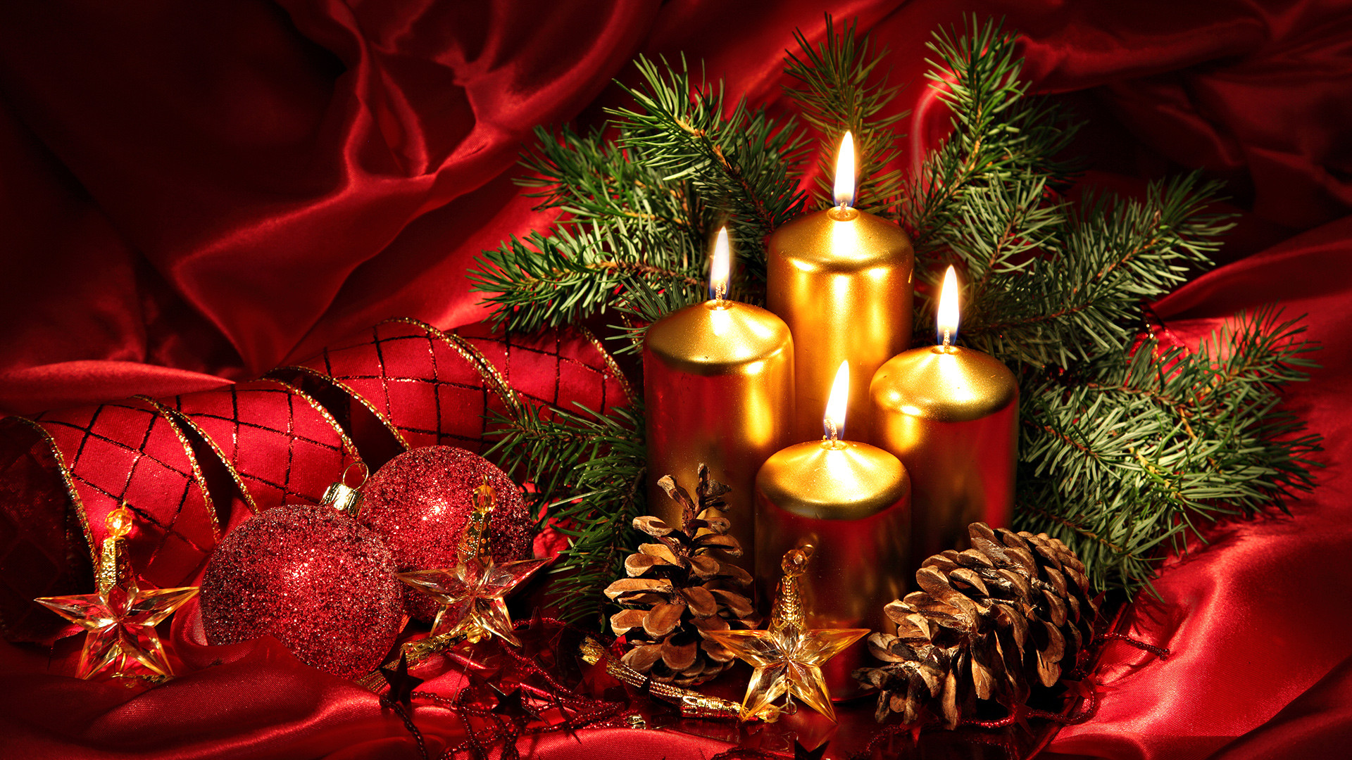 Natale, Candele, Pigne, Rami di abete, Seta rossa, Full HD 1080p, sfondo desktop