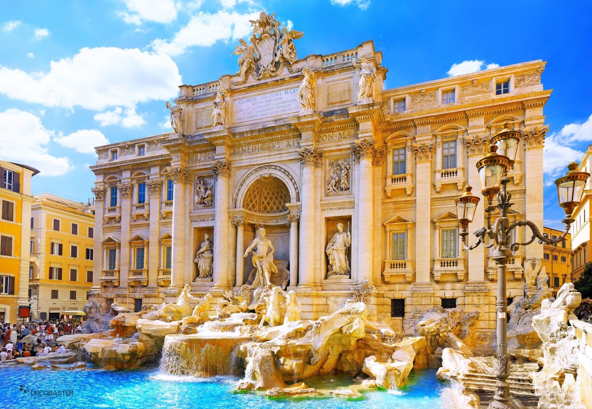 Fontana di Trevi, Palazzo Poli, Roma, Barocco, Cielo azzurro, Full HD, sfondo per portatile