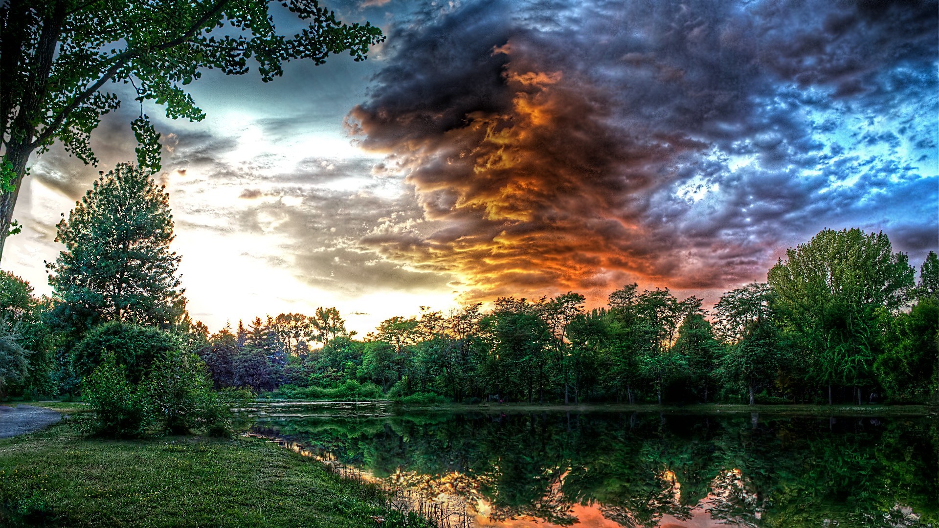 Parco, Lago, Tramonto, HDR, Nuvole, Full HD, sfondo per portatile