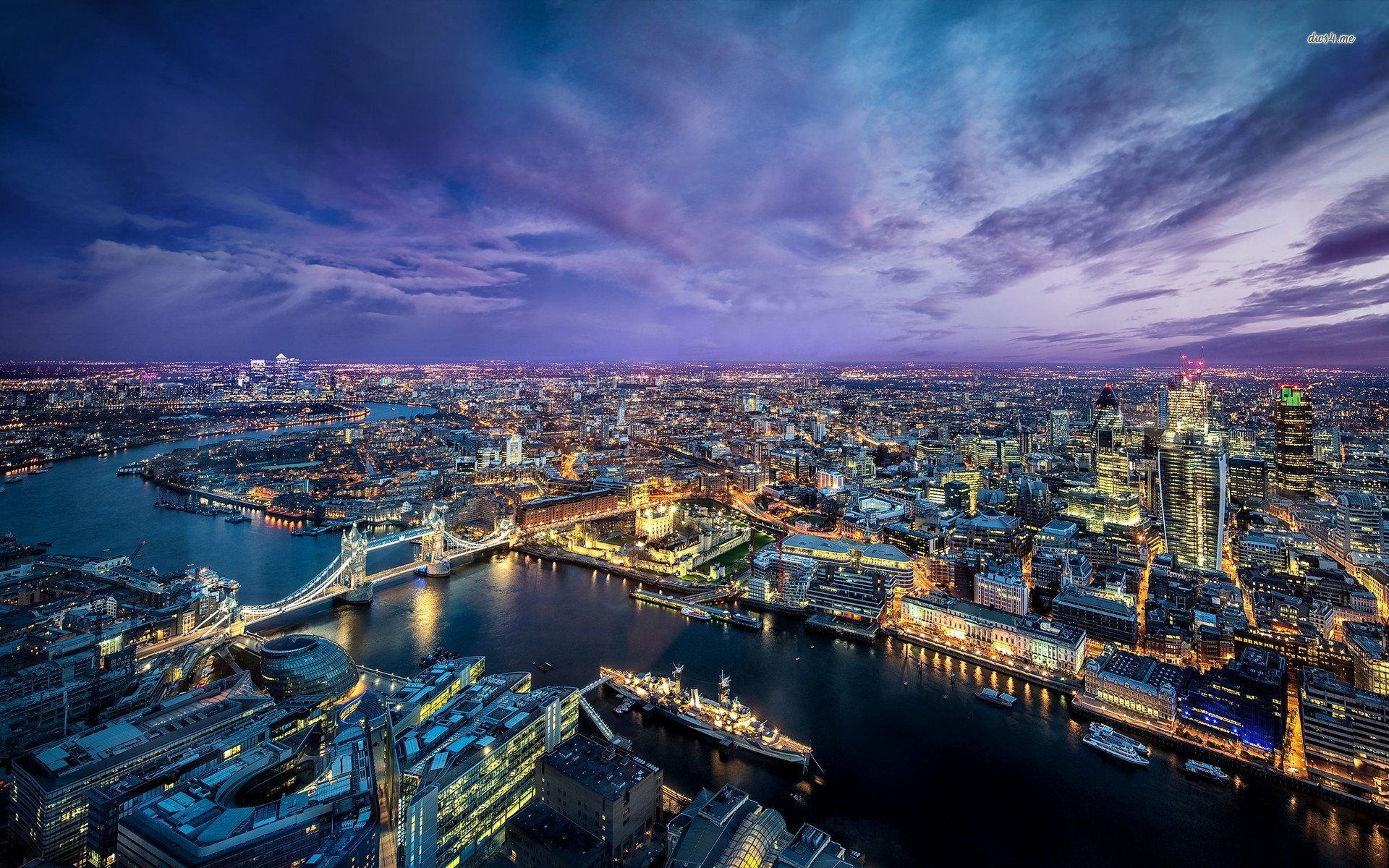 Tamigi, Tower Bridge, Londra, Vista aerea, Panorama notturno, Full HD, sfondo per portatile