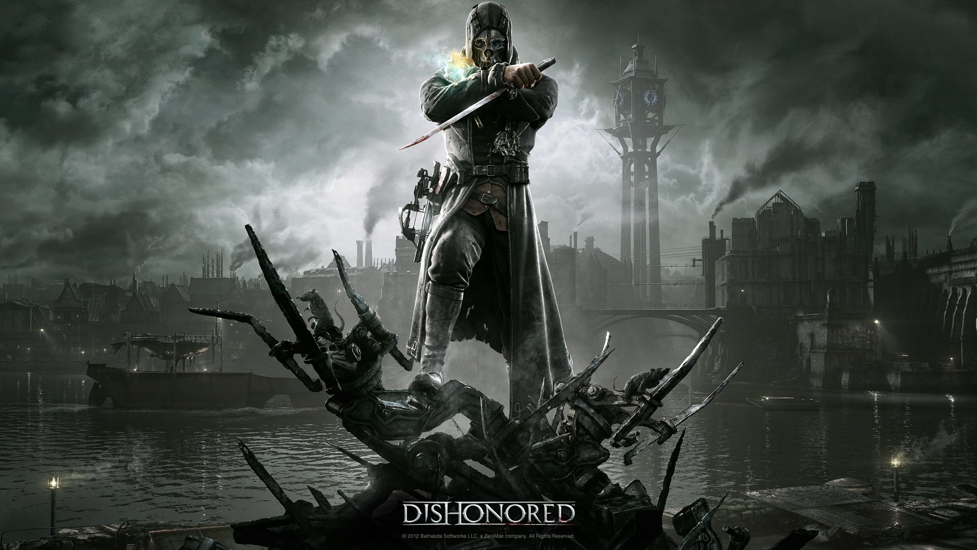 Corvo Attano, Dishonored, Dunwall, Bianco e nero, Full HD, sfondo desktop