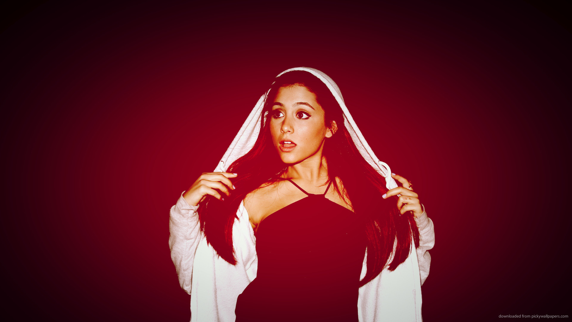 Ariana Grande, Sfondo rosso scuro, Velo bianco, Ritratto, Full HD, wallpaper per computer