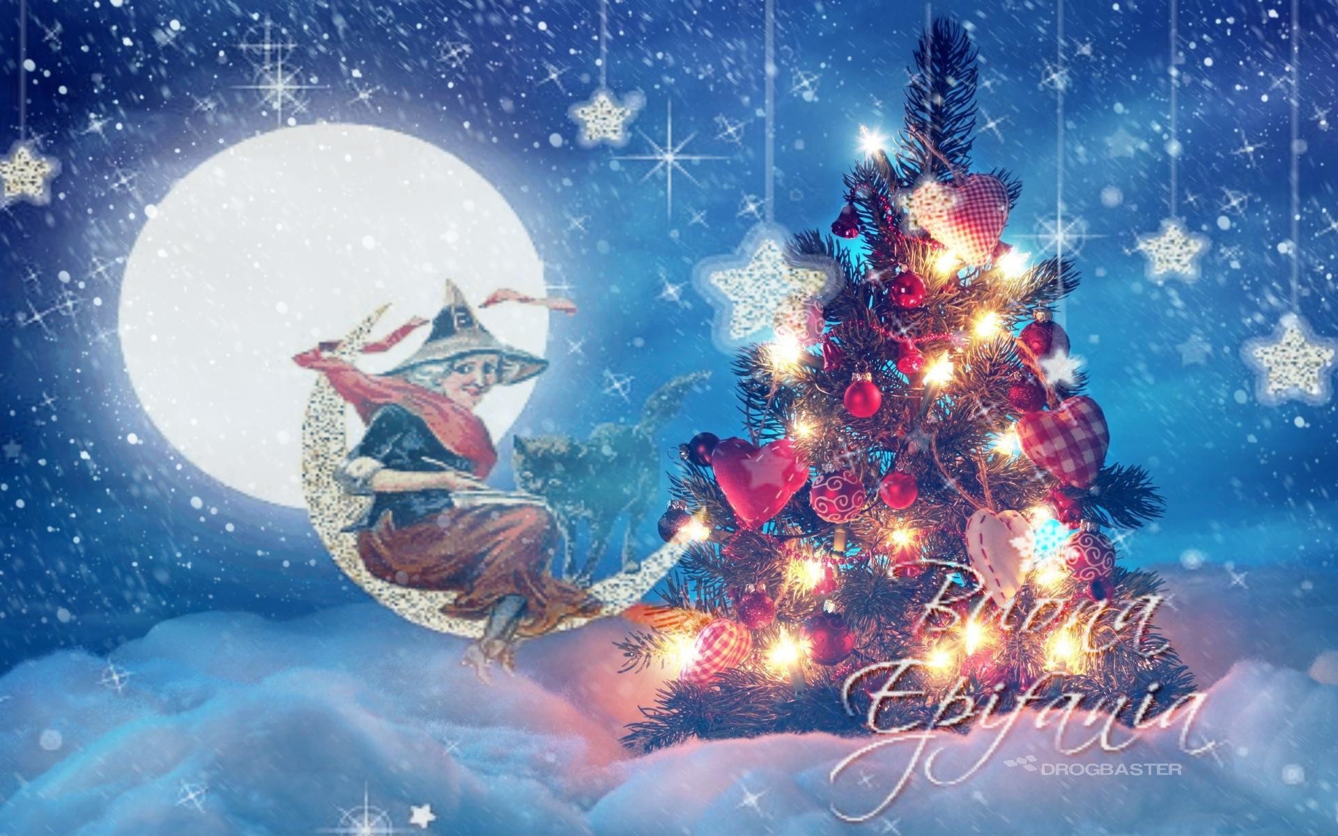 Buona Epifania, Befana, Luna, Albero di Natale, Full HD, sfondo per il tuo desktop