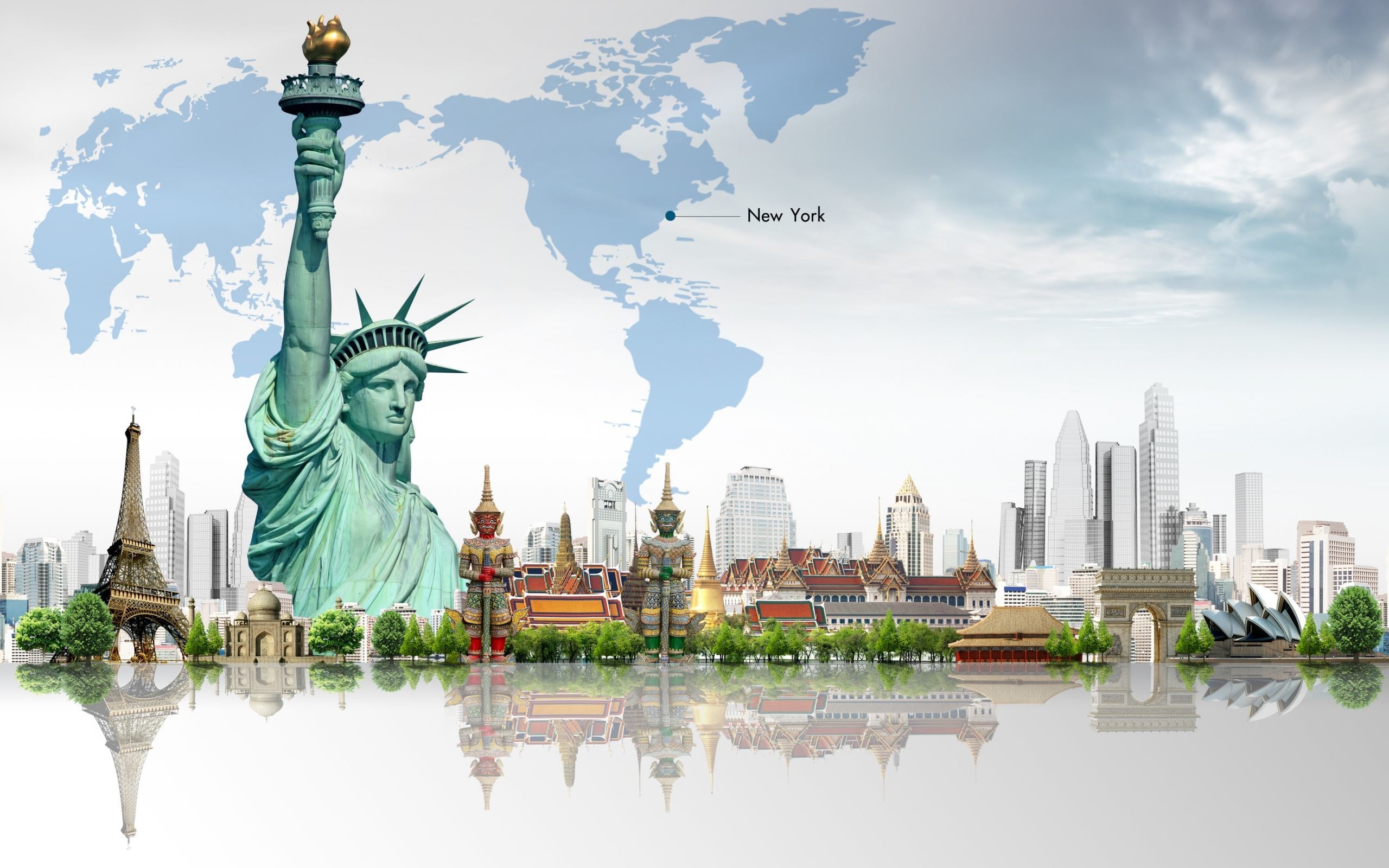 Statua della Libertà, Torre Eiffel, Mappa del mondo, Skyline, New York, wallpaper 2560x1600