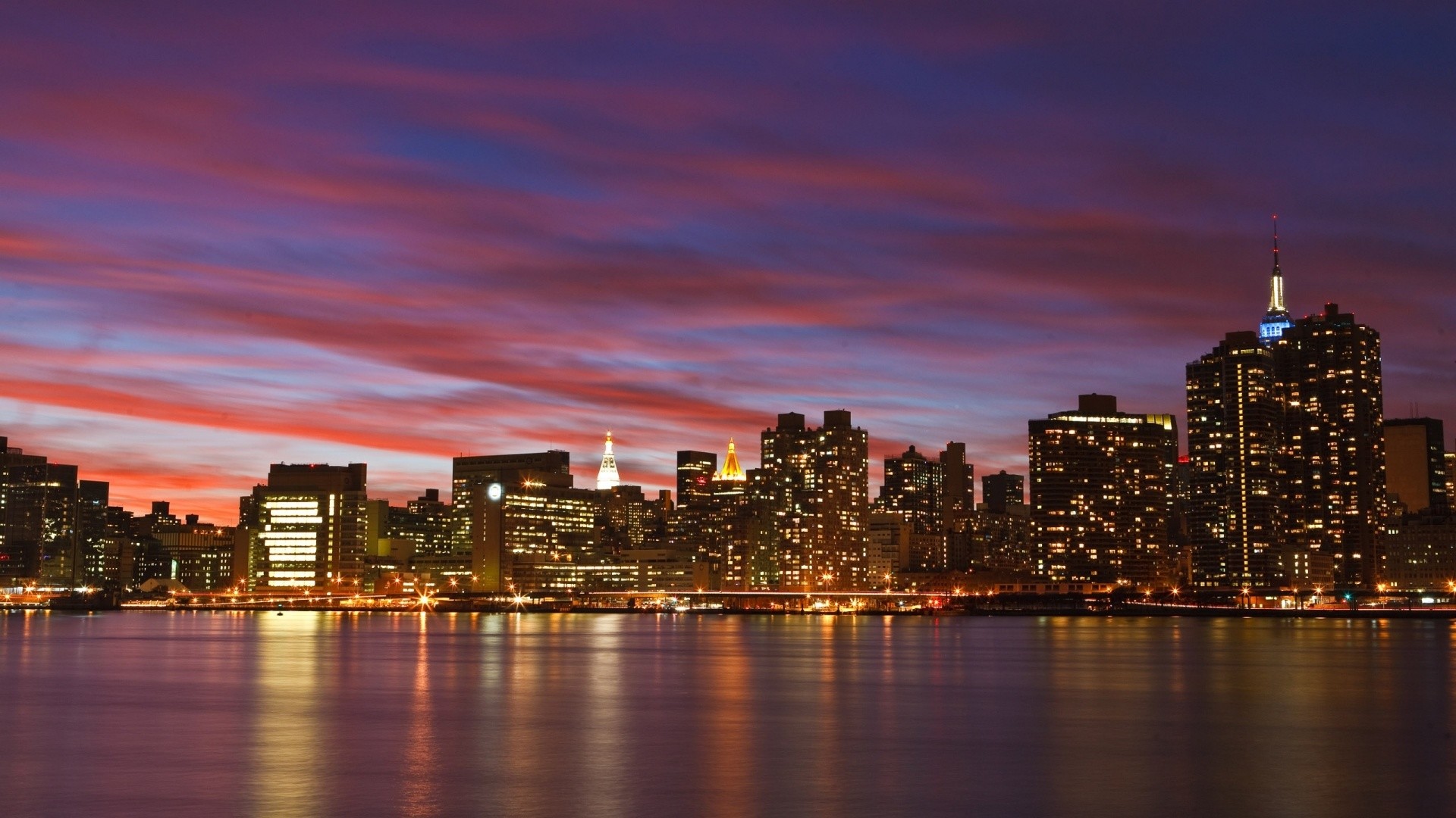 Skyline di Manhattan, Fiume Hudson, Cielo rosso, Tramonto, Full HD, sfondo per portatile