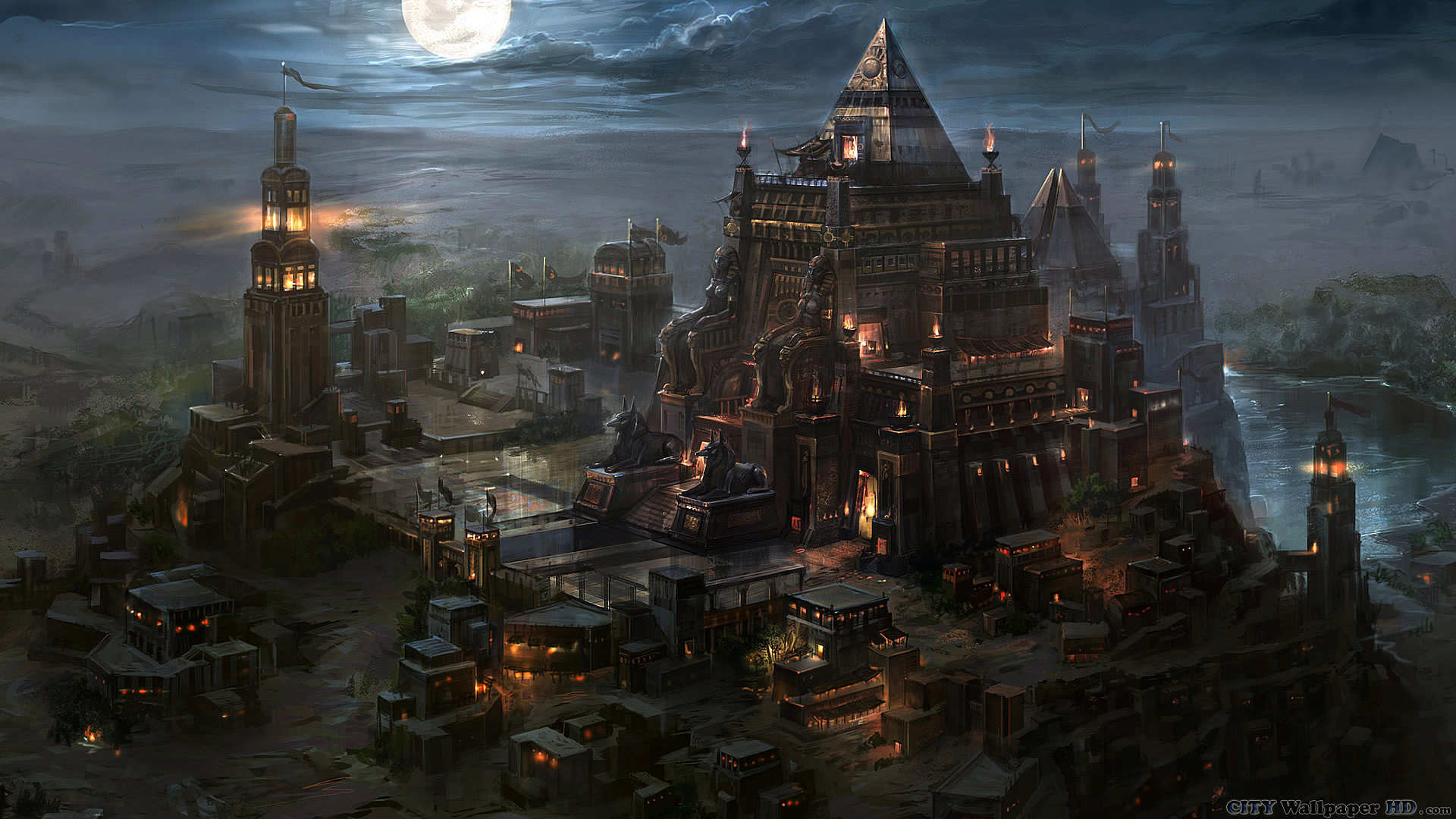Città antica, Fantasy, Notte, Luna piena, Full HD, sfondo per portatile