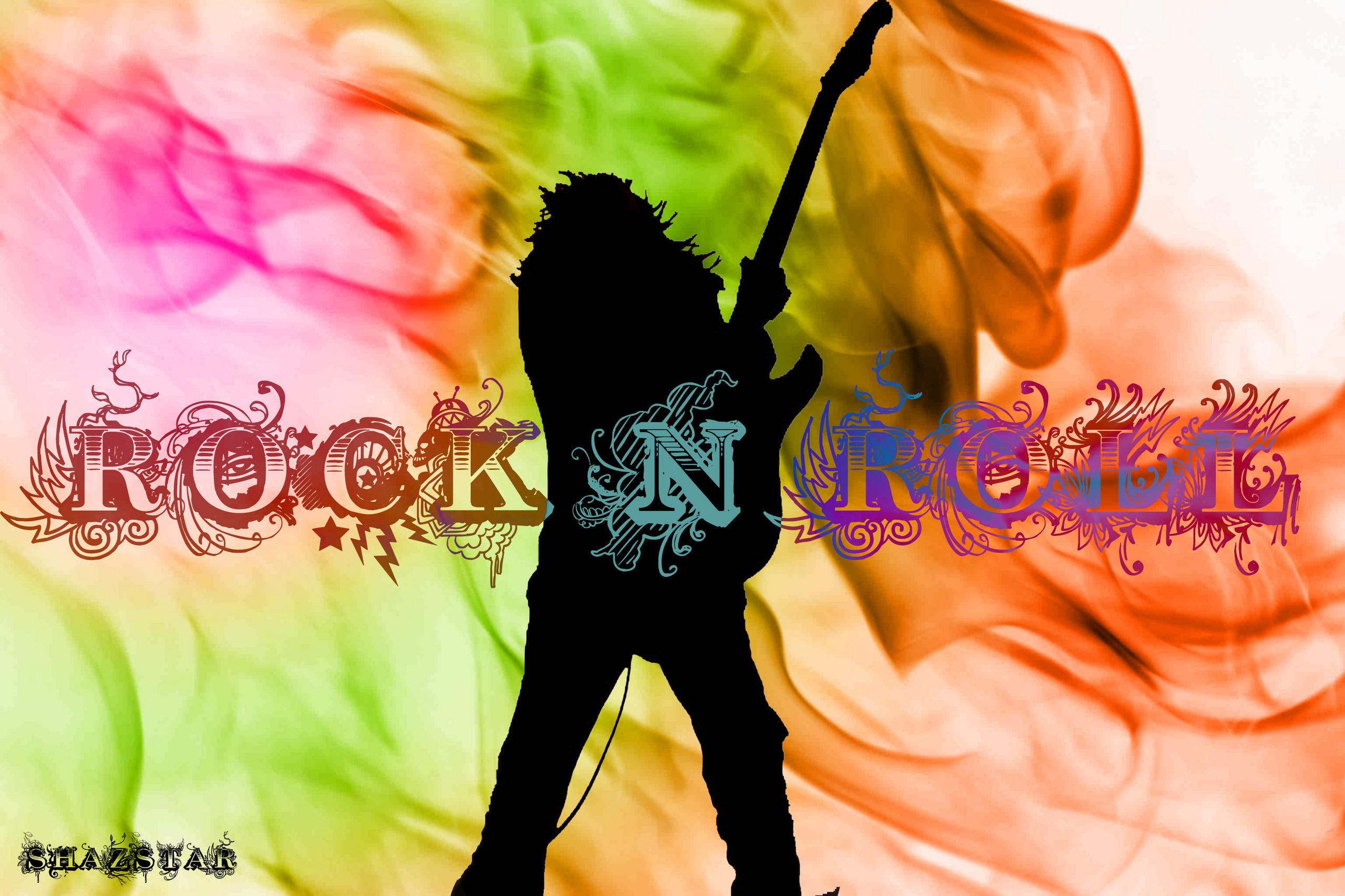 Rock 'n' Roll, Chitarrista, Silhouette, Fumo colorato, 2K, sfondo desktop