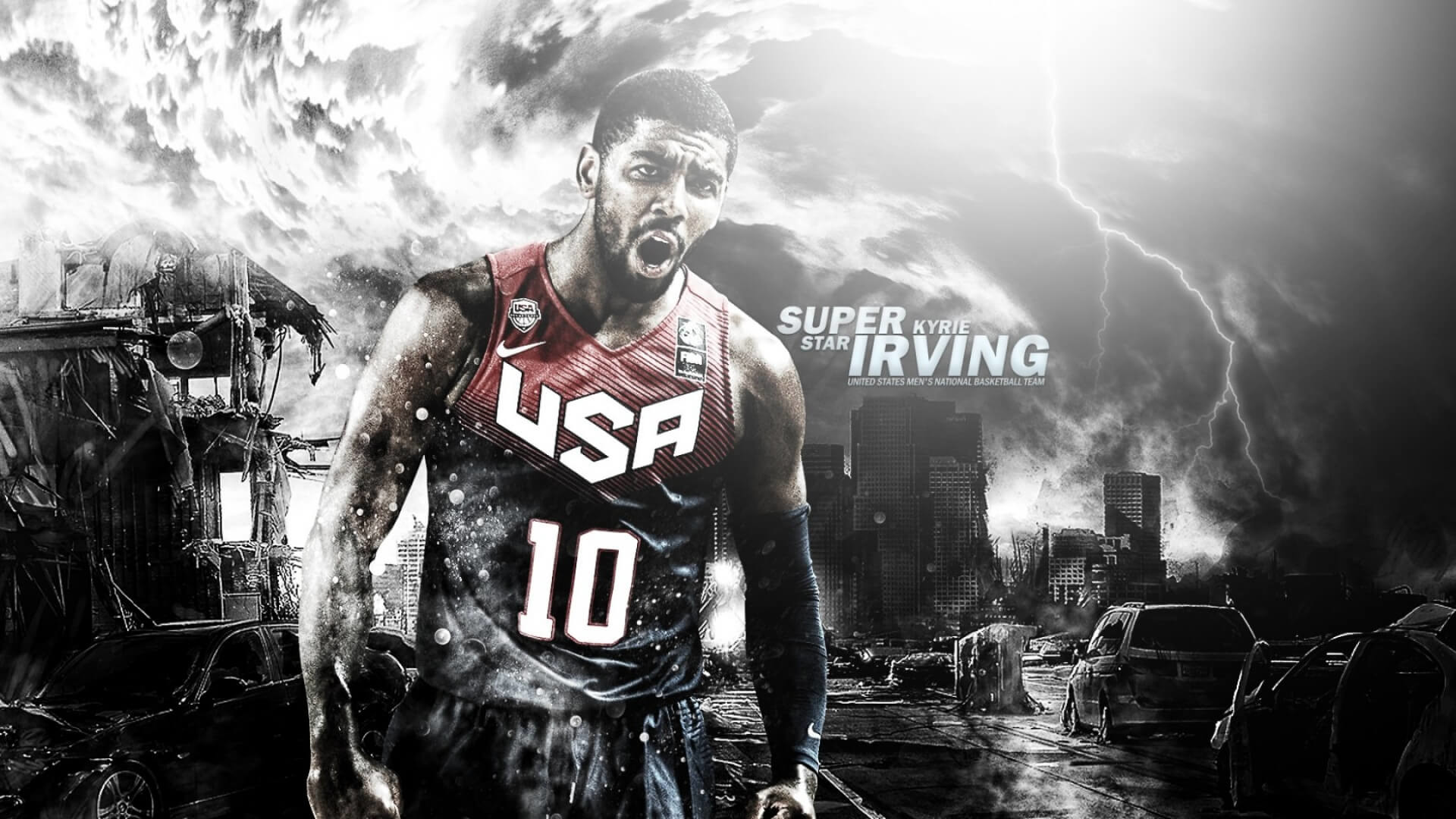 Kyrie Irving, Team USA, Tempesta, Bianco e nero, 16:9 Full HD, sfondo widescreen