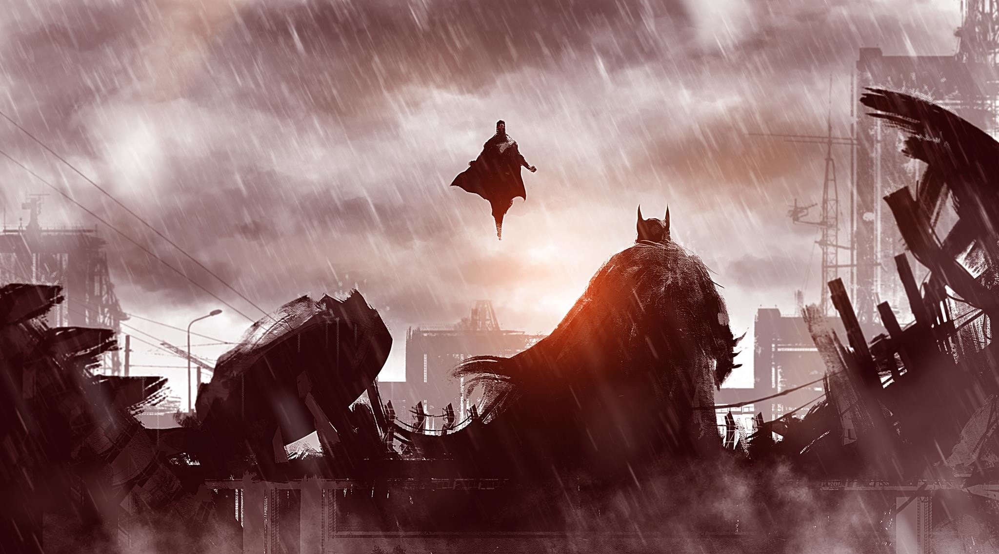 Batman, Superman, Batman v Superman: Dawn of Justice, Rovine, Pioggia, sfondo Full HD per computer