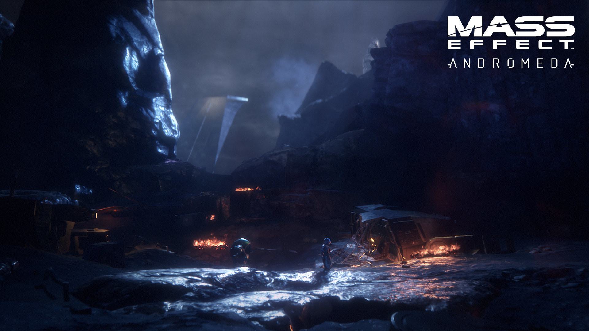 Mass Effect: Andromeda, Paesaggio alieno, Notte, Rovine, Logo, 1920x1080, sfondo per PC