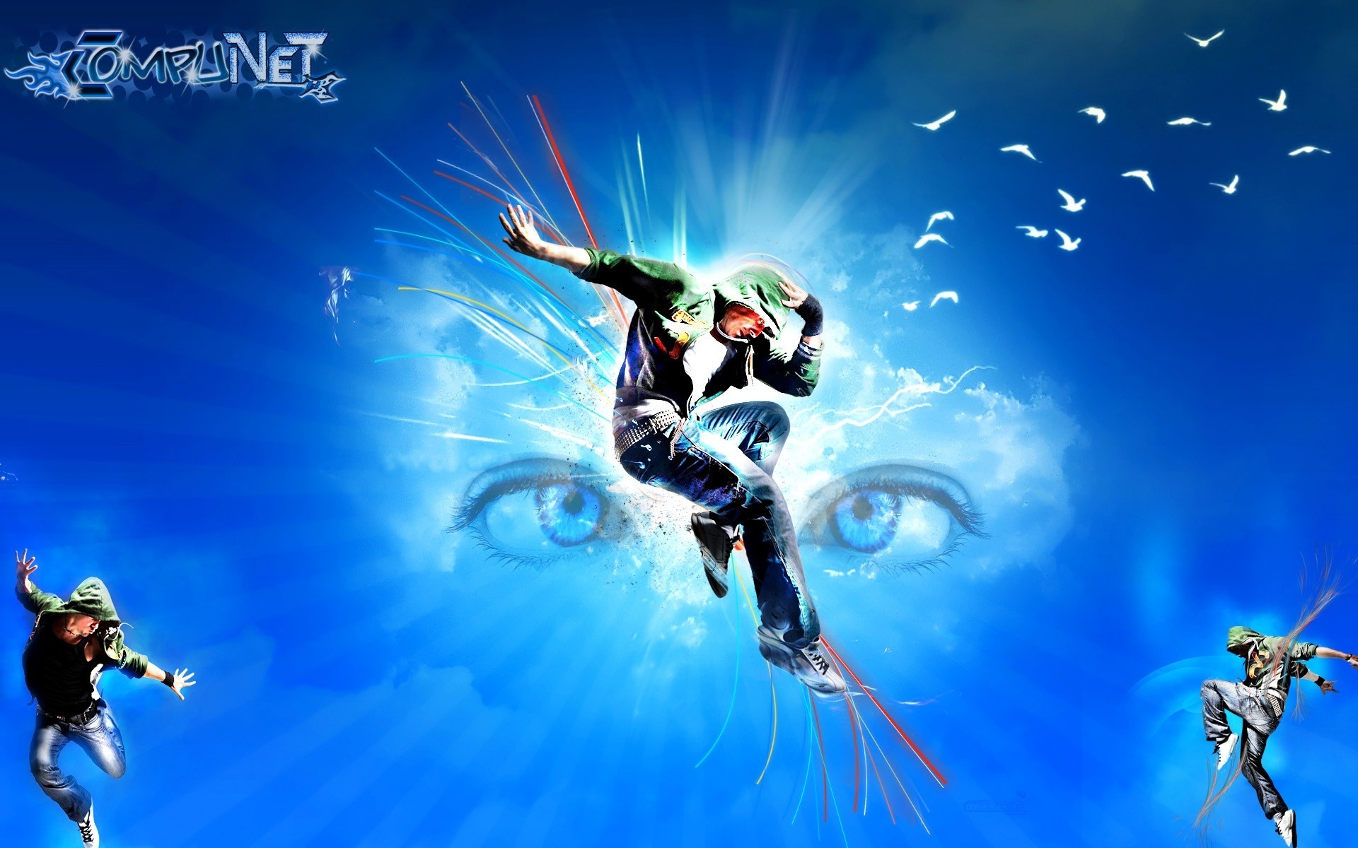 Ballerino, Salto, Occhi, Cielo azzurro, Arte digitale, Full HD, sfondo per PC
